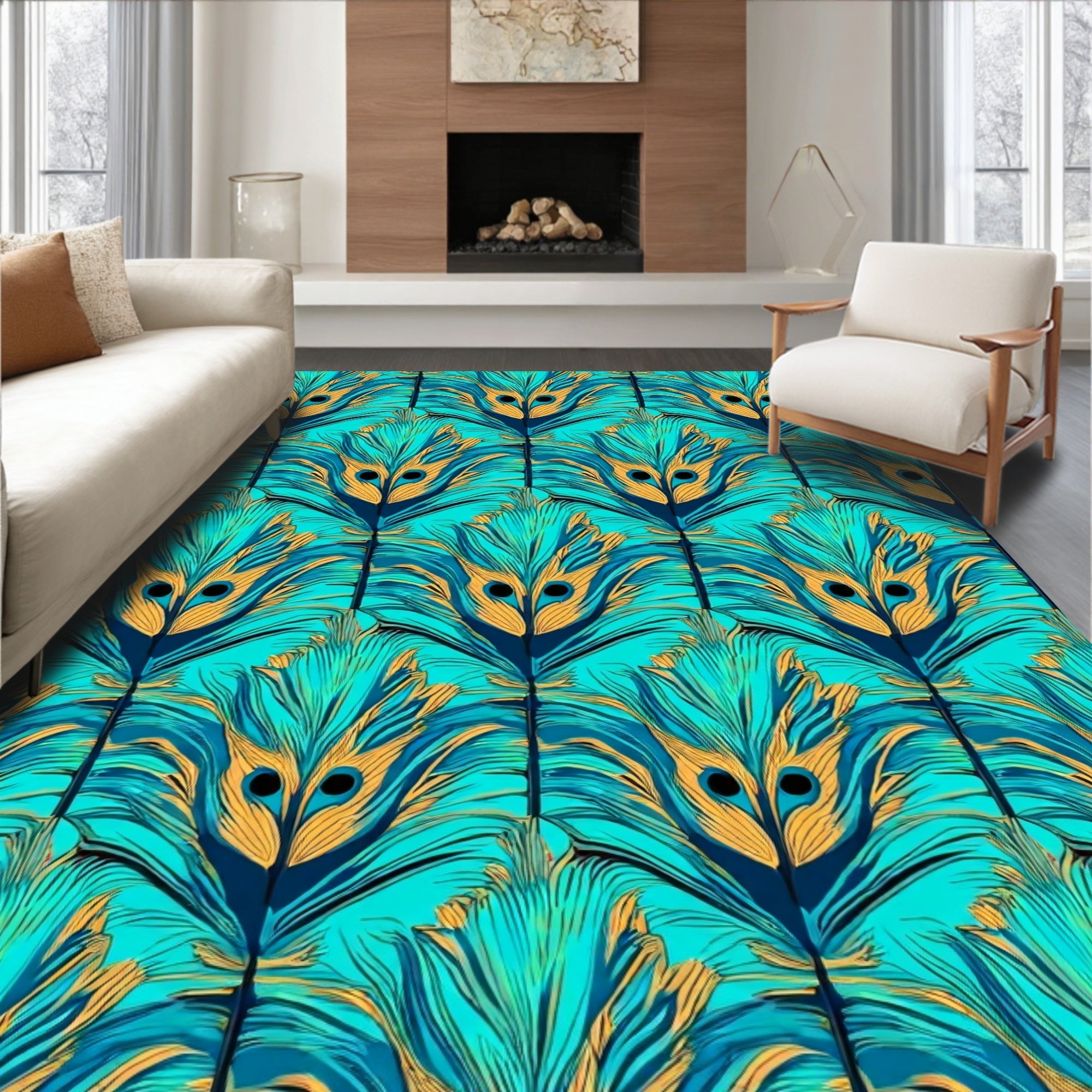 Peacock Feather Inspired Teal Pattern Rug