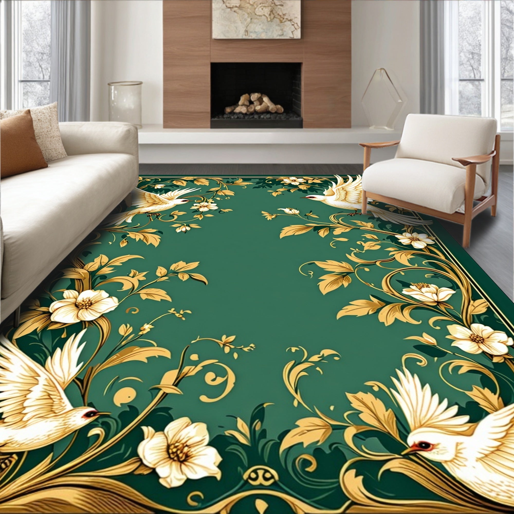 Elegant White Birds Floral Scrolls Design Rug