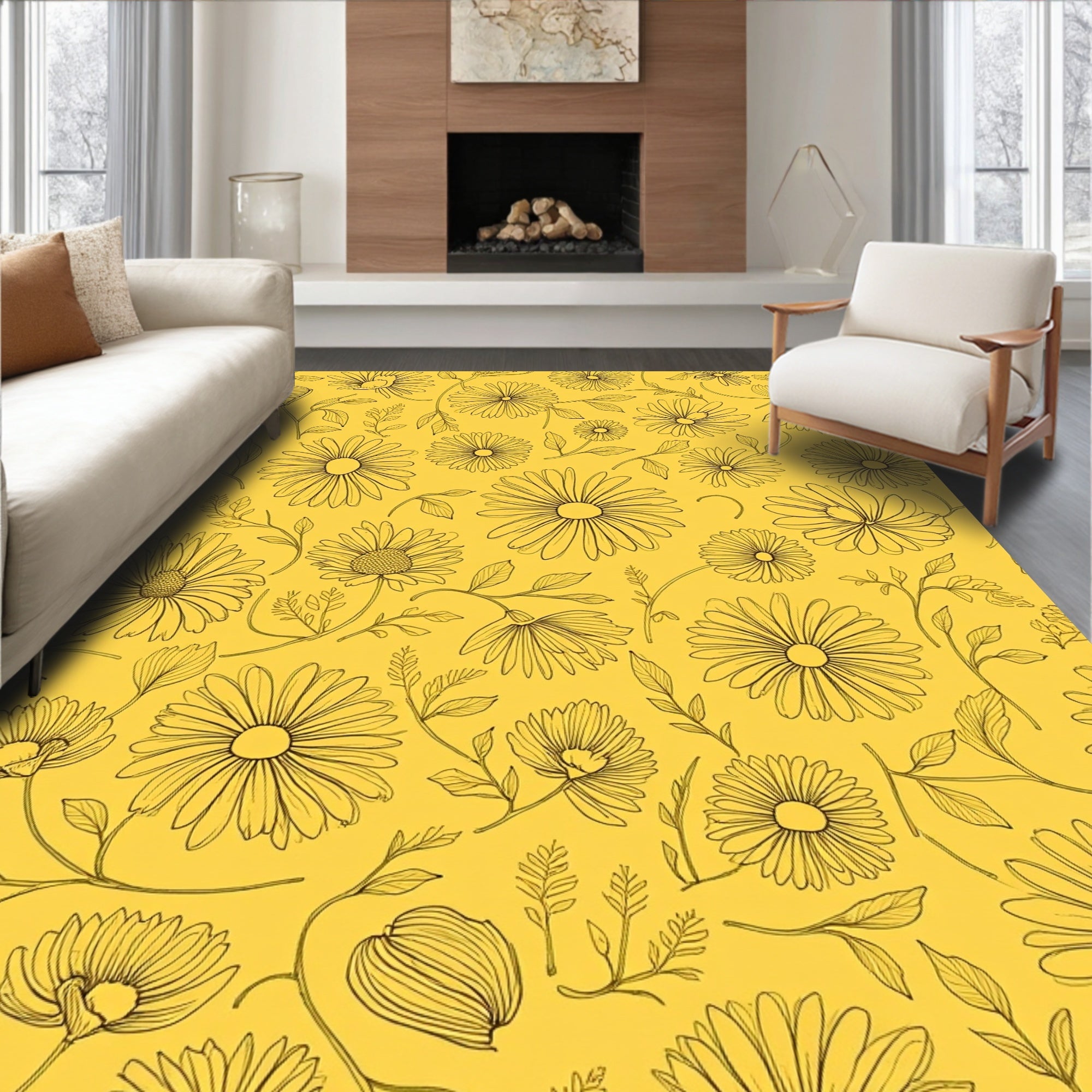 Vintage Daisy Patterned Yellow Rug