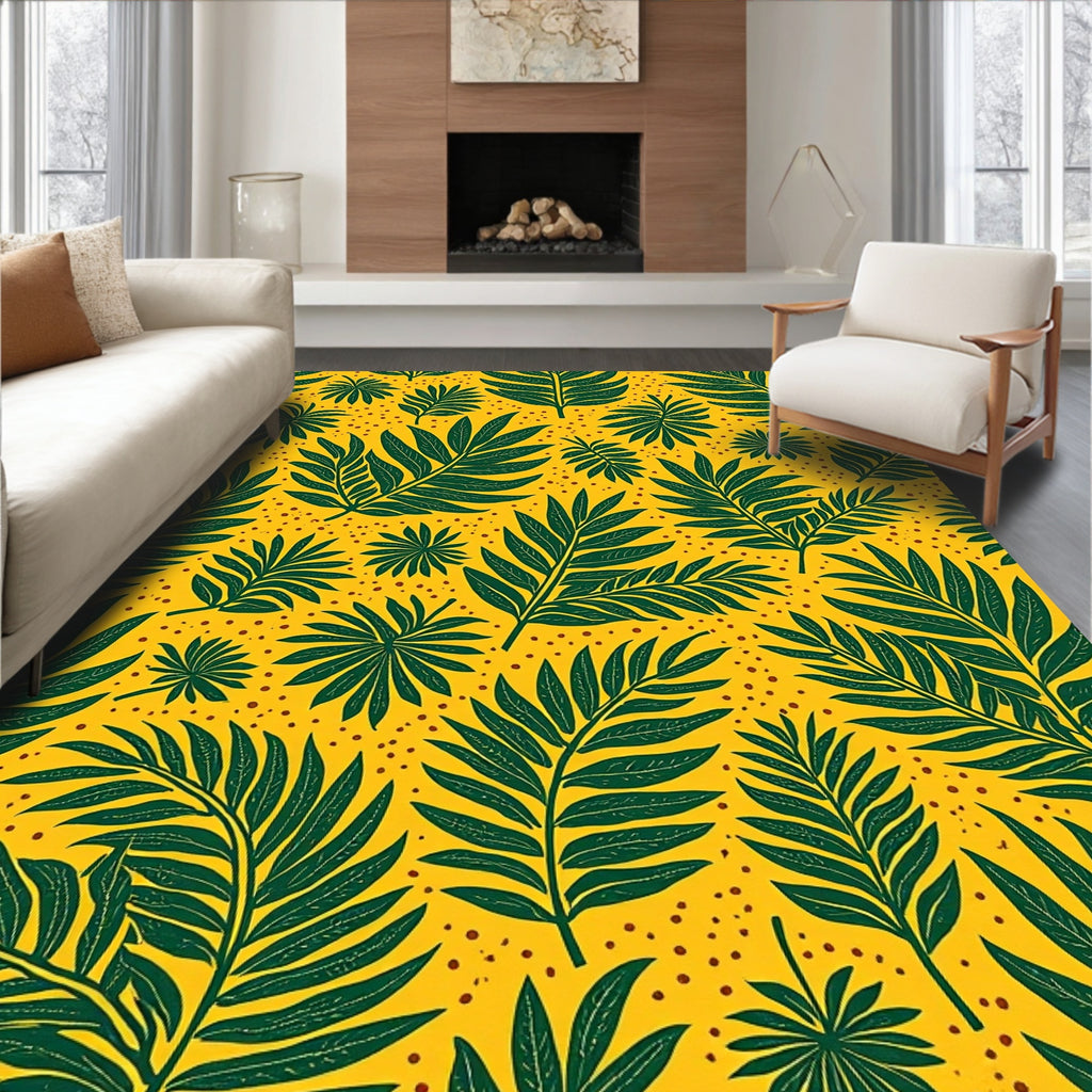 Tropical Leaf Patterned Yellow Rug