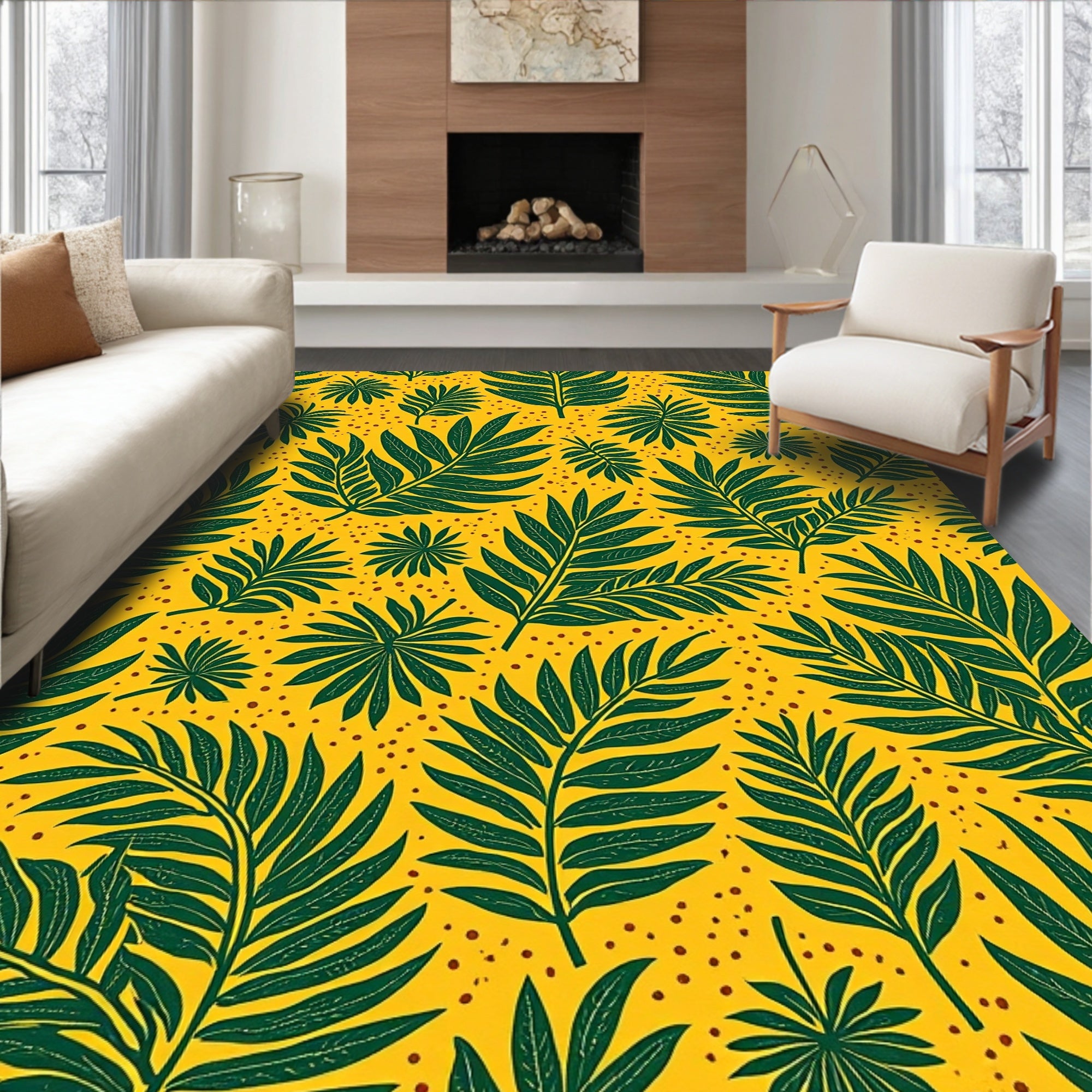 Tropical Leaf Patterned Yellow Rug