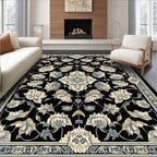 Ornate Floral Design Black Traditional Rug