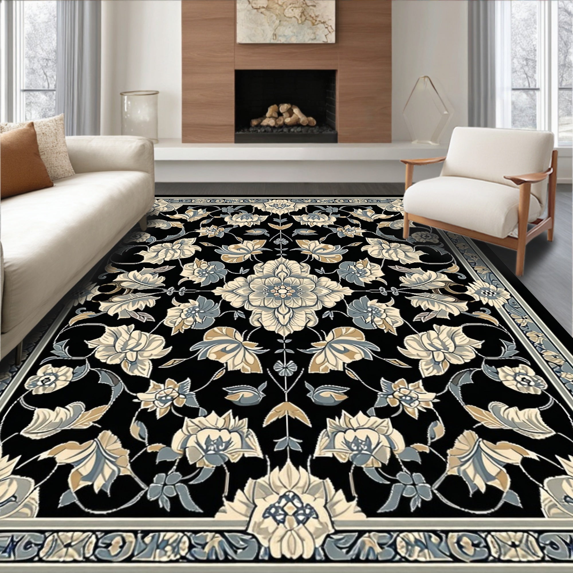 Ornate Floral Design Black Traditional Rug