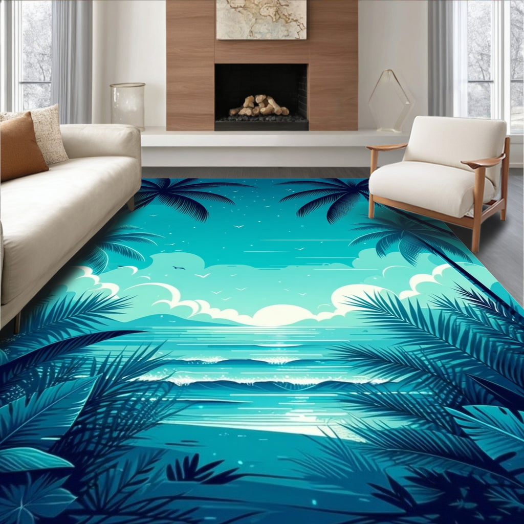 Tropical Palm Tree and Ocean Scene Rug