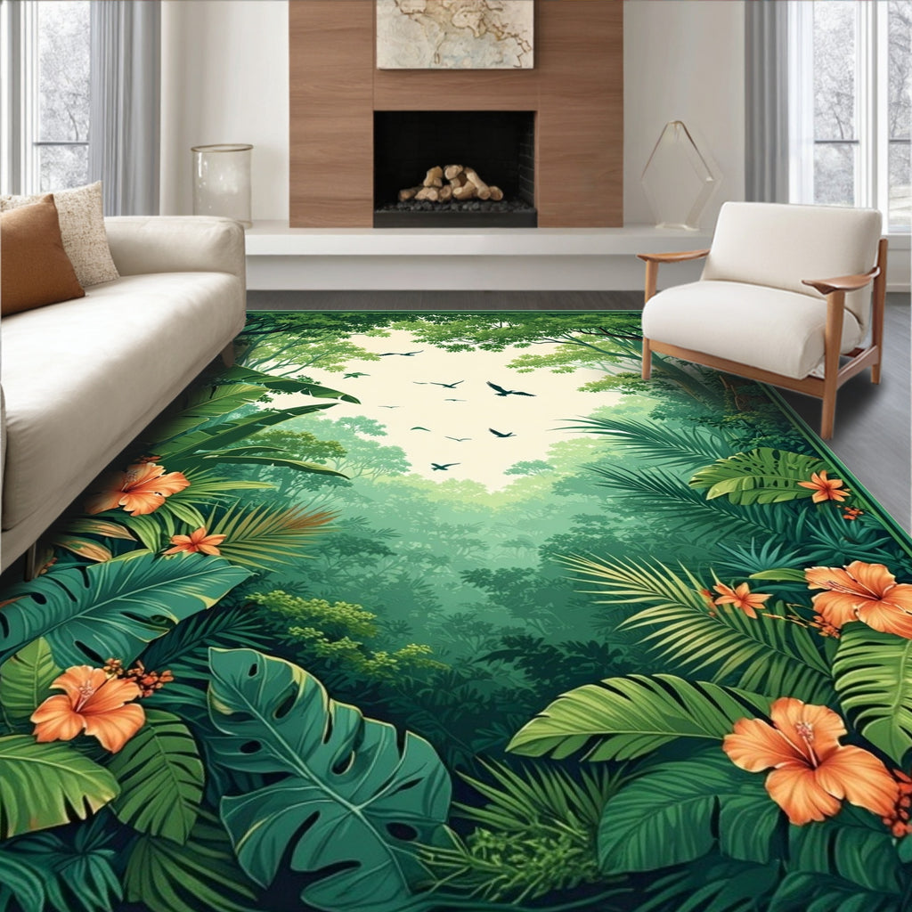Lush Tropical Jungle Birds Design Rug