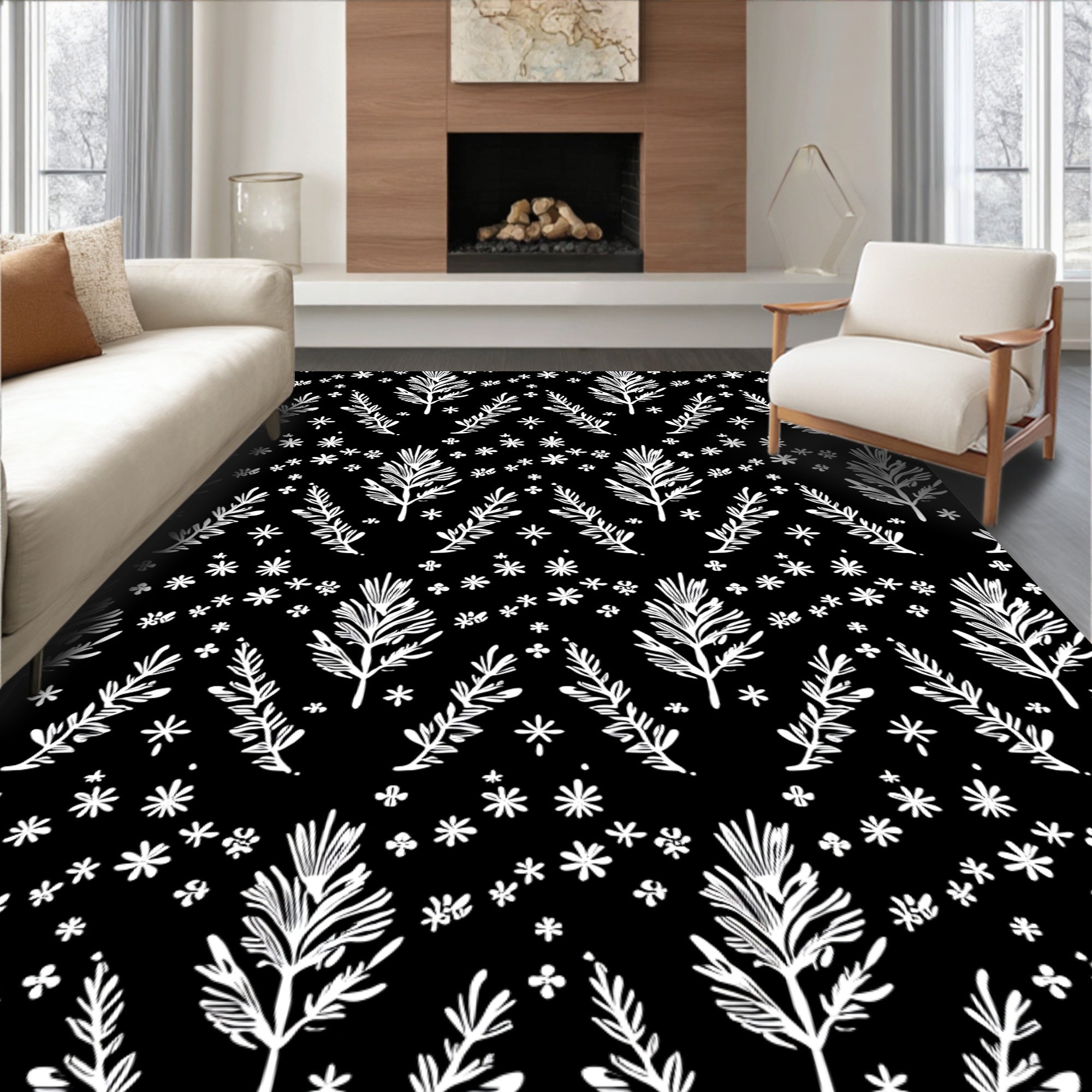 White Botanical Sprigs Black Field Rug