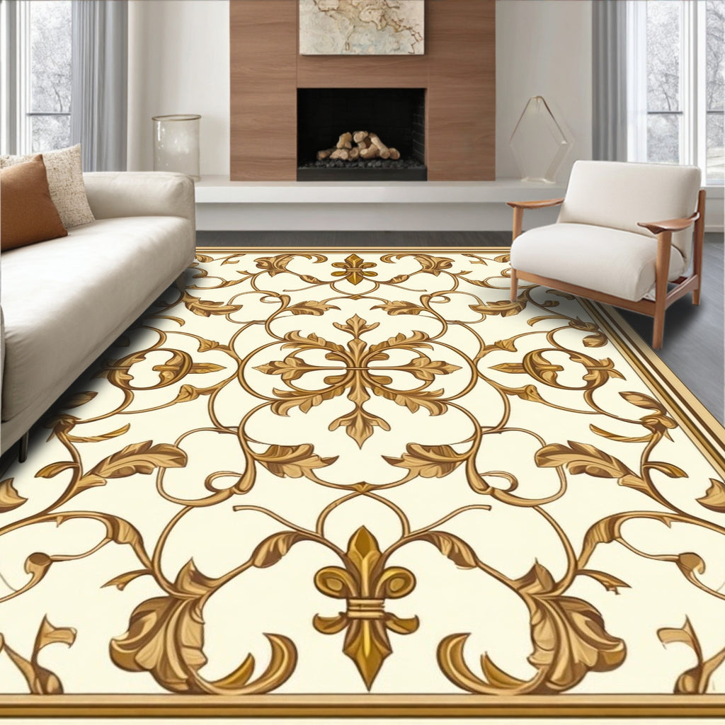 Golden Baroque Leaf Flourish Pattern Rug