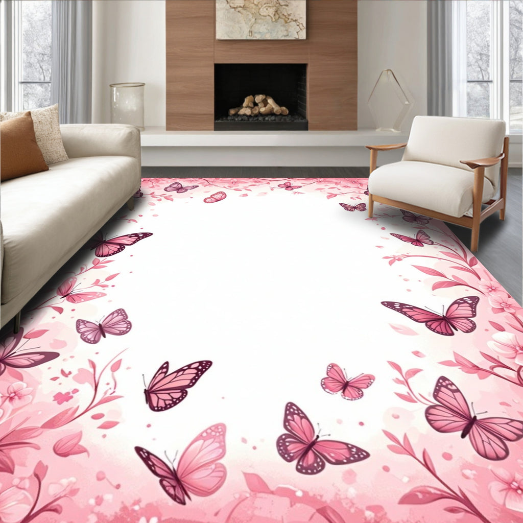 Sweet Pink Butterfly Floral Pattern Rug