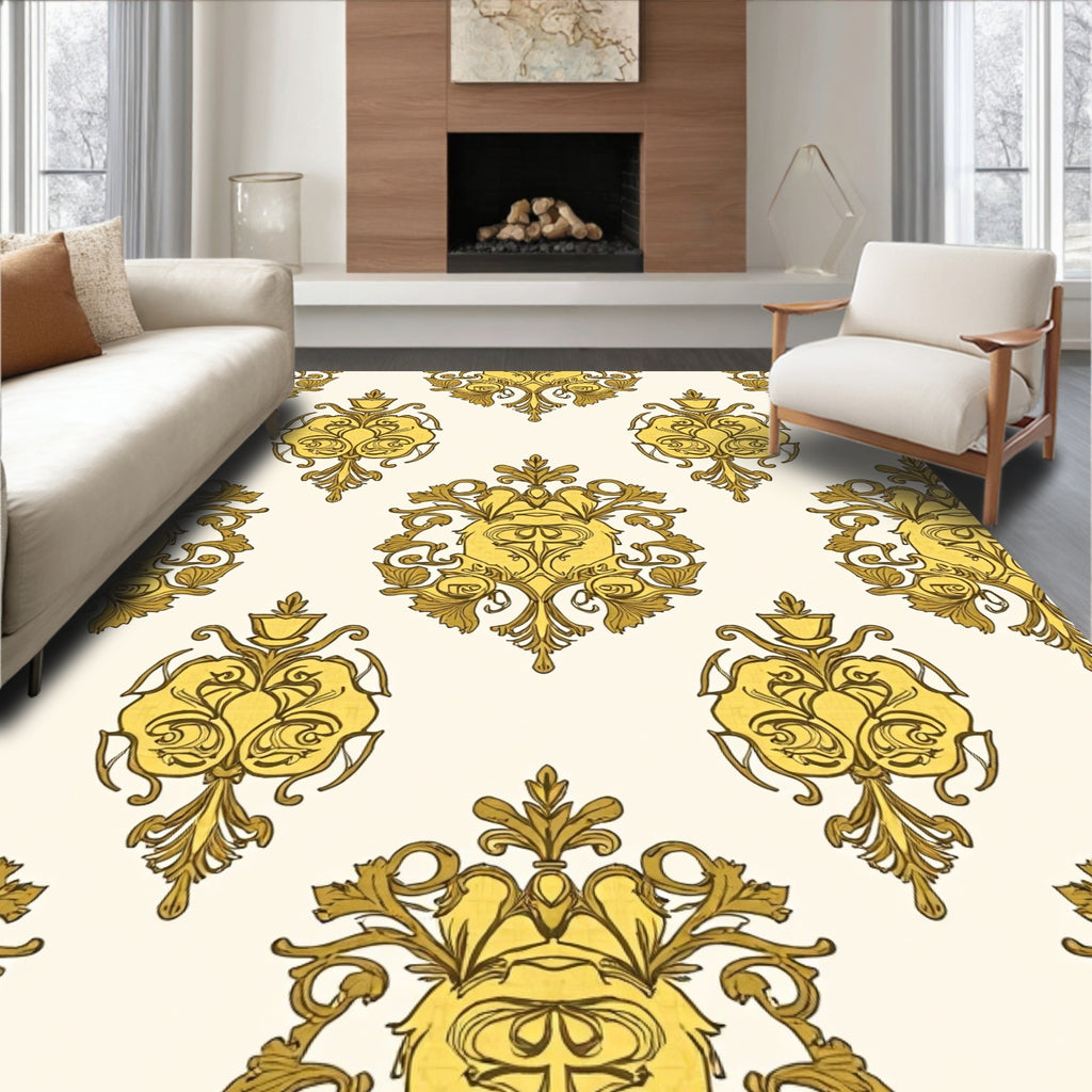 Golden Elaborate Damask Pattern Rug