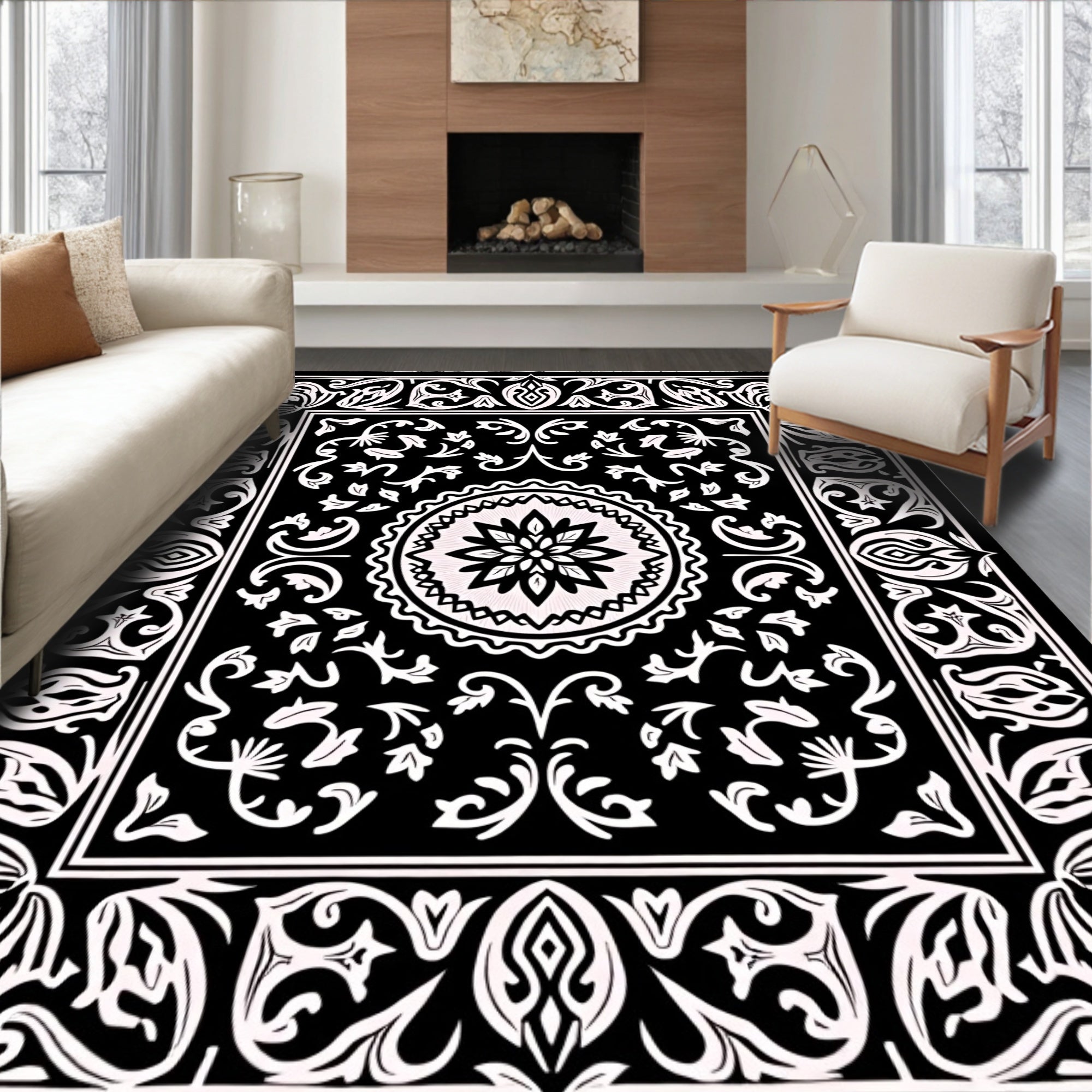 Black White Floral Mandala Design Rug