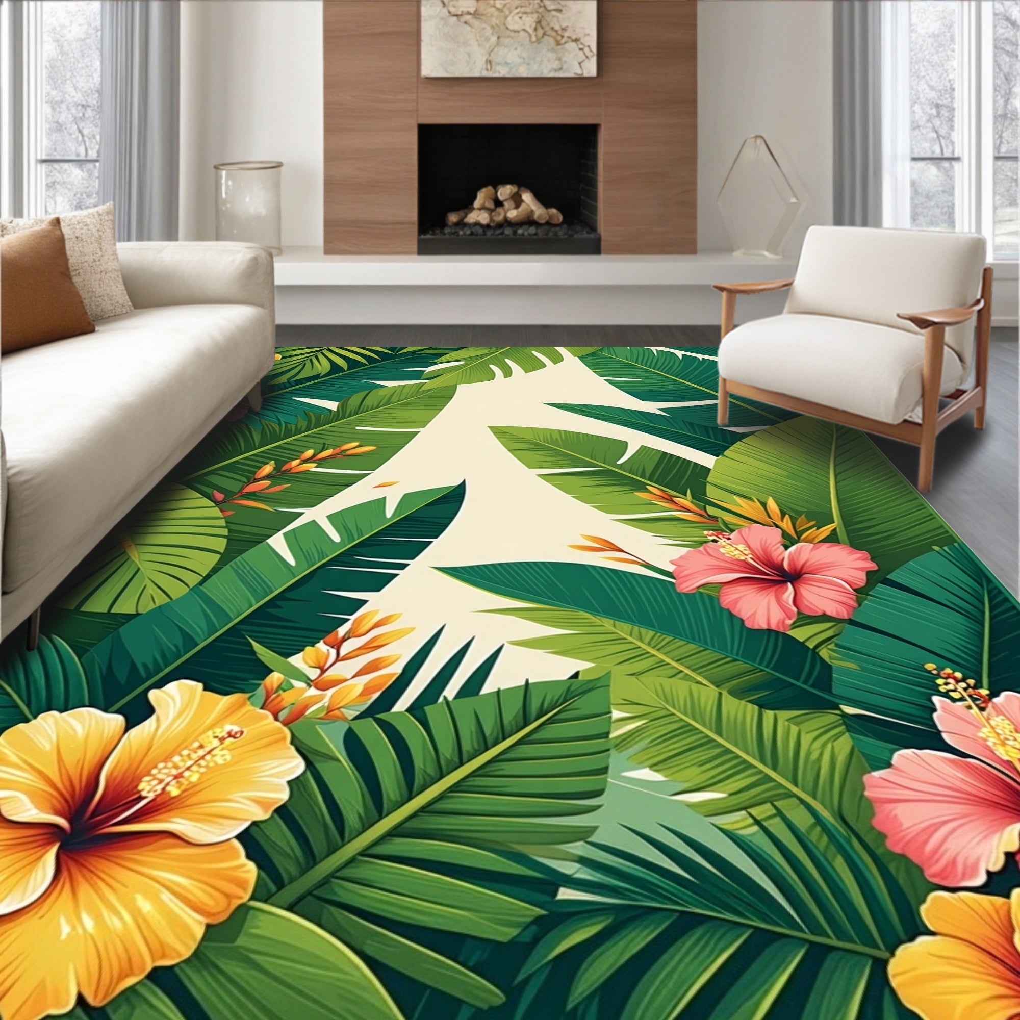 Tropical Greenery With Hibiscus Flowers Rug