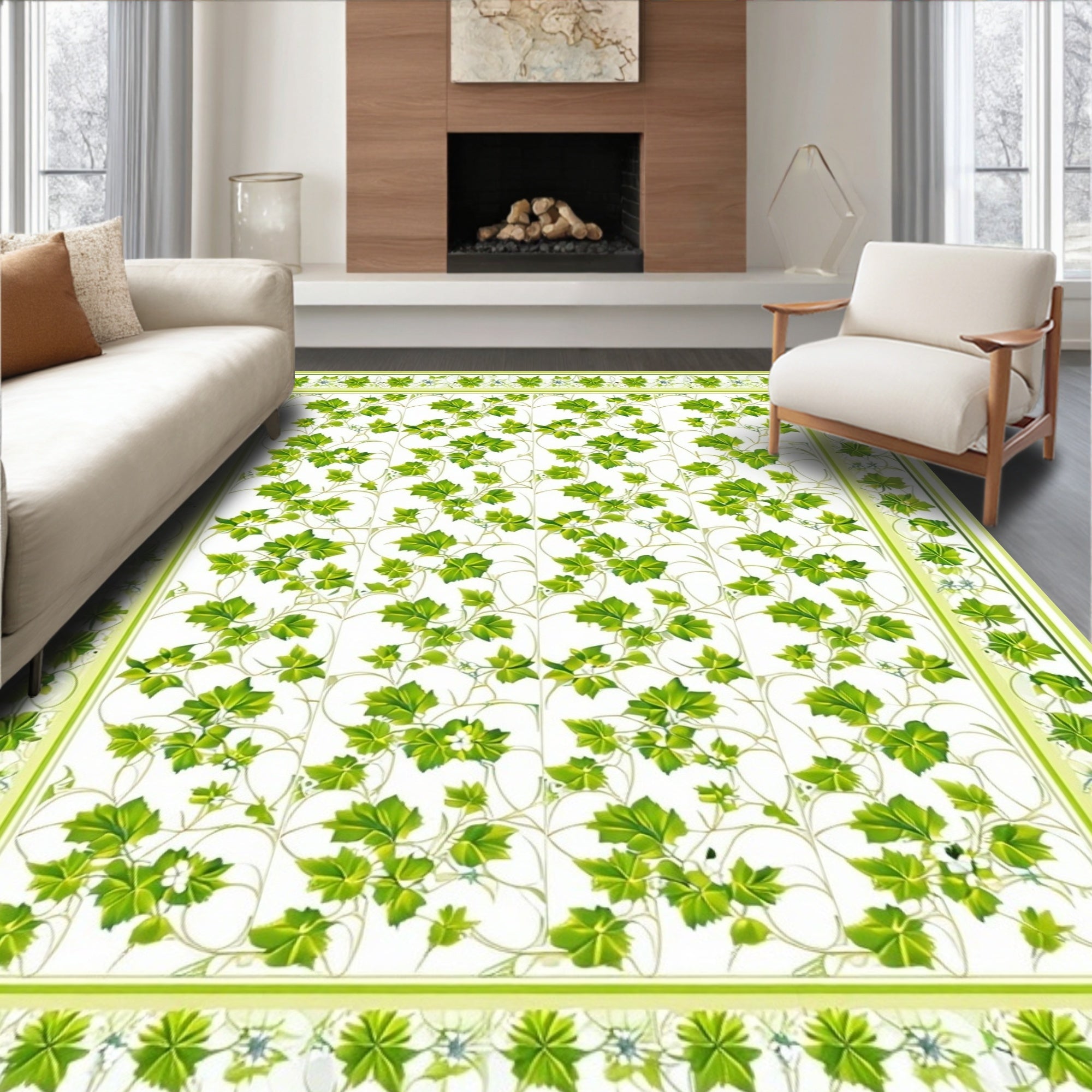 Green Leaf Vine Patterned Rug