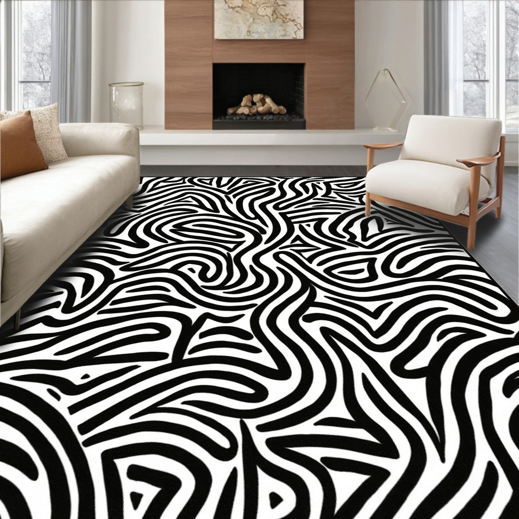 Abstract Black White Swirl Pattern Rug