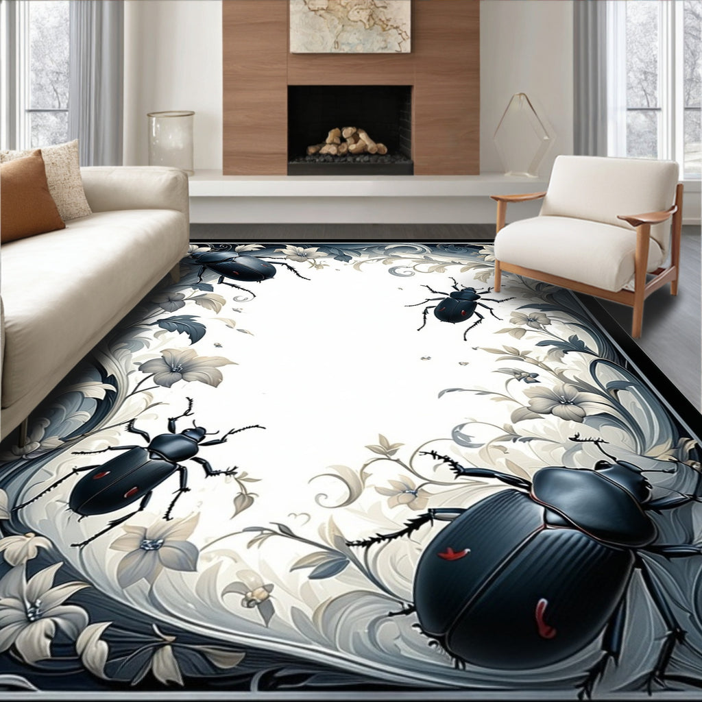 Dramatic Beetles Floral Scroll Pattern Rug