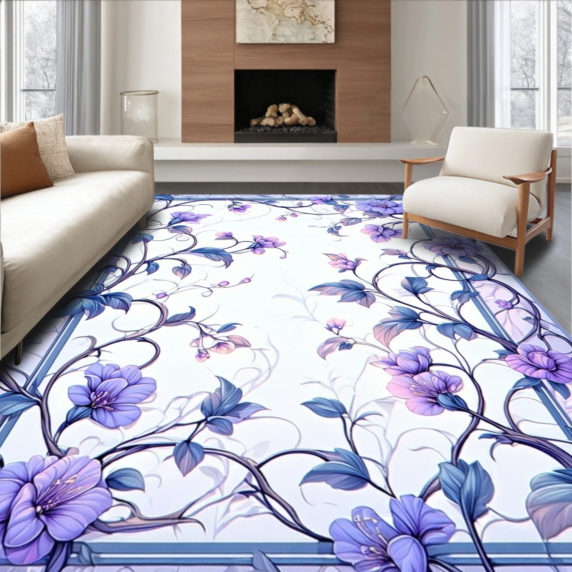 Elegant Violet Floral Vine Design Rug