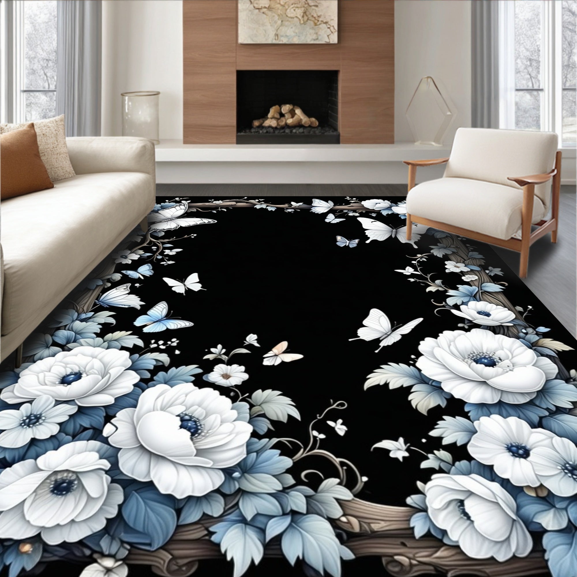 Enchanted White Floral Butterfly Frame Rug