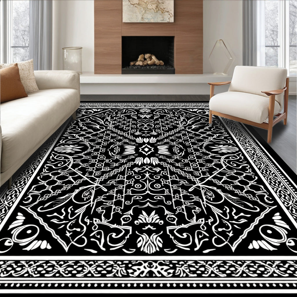 Intricate Black White Mandala Pattern Rug