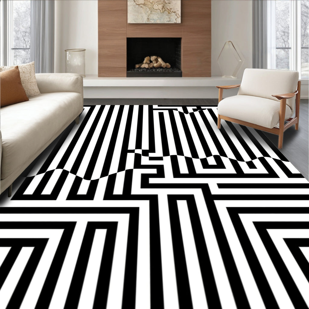 Black White Optical Maze Pattern Rug