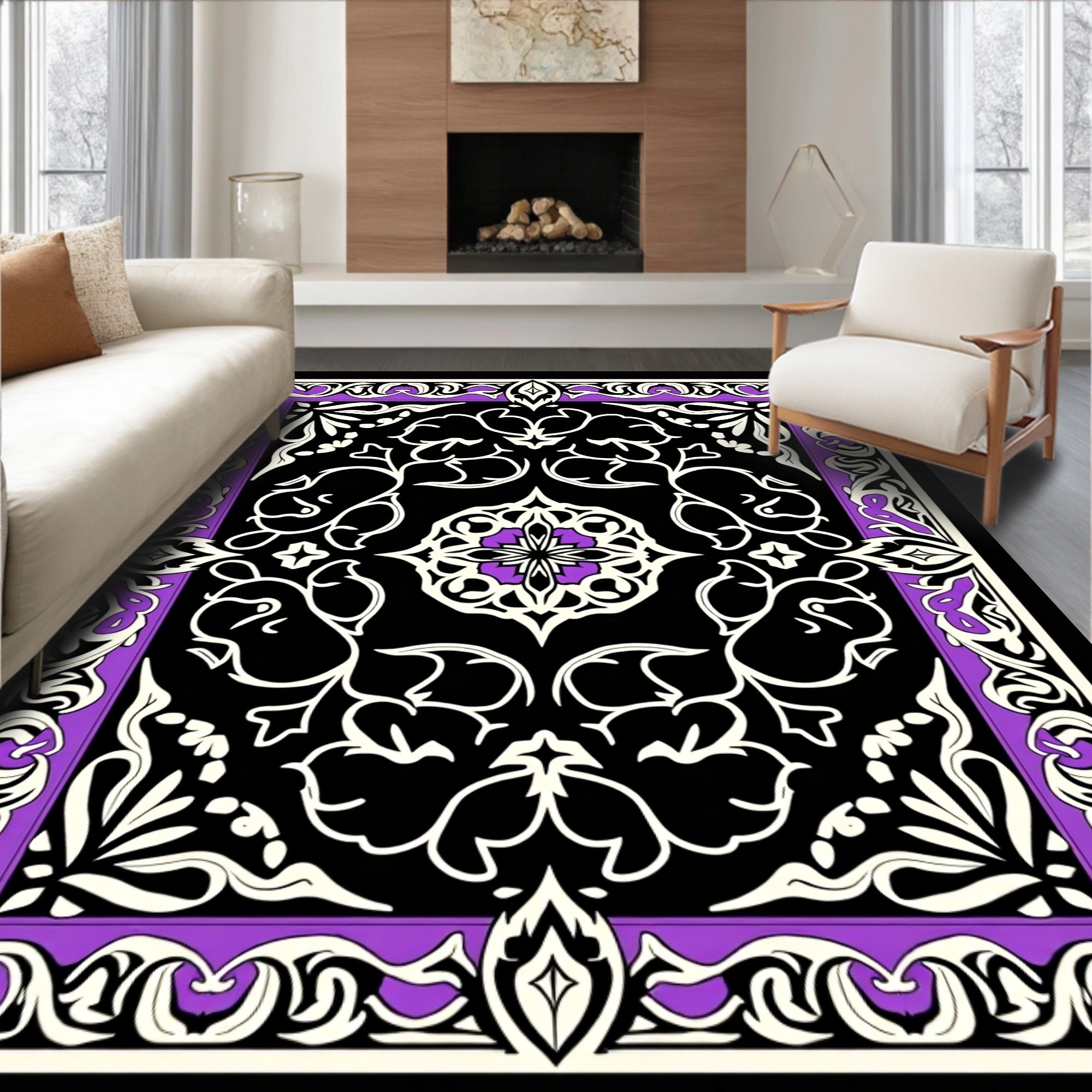 Ornate Black With Purple Floral Pattern Rug