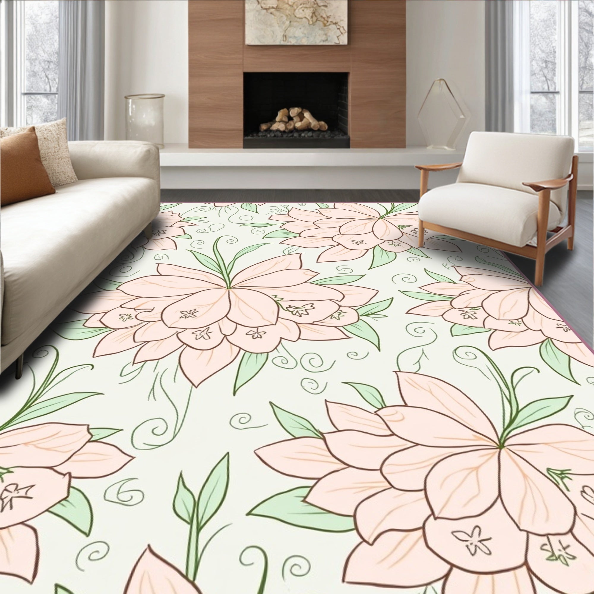 Soft Peach Floral Pattern Design Rug