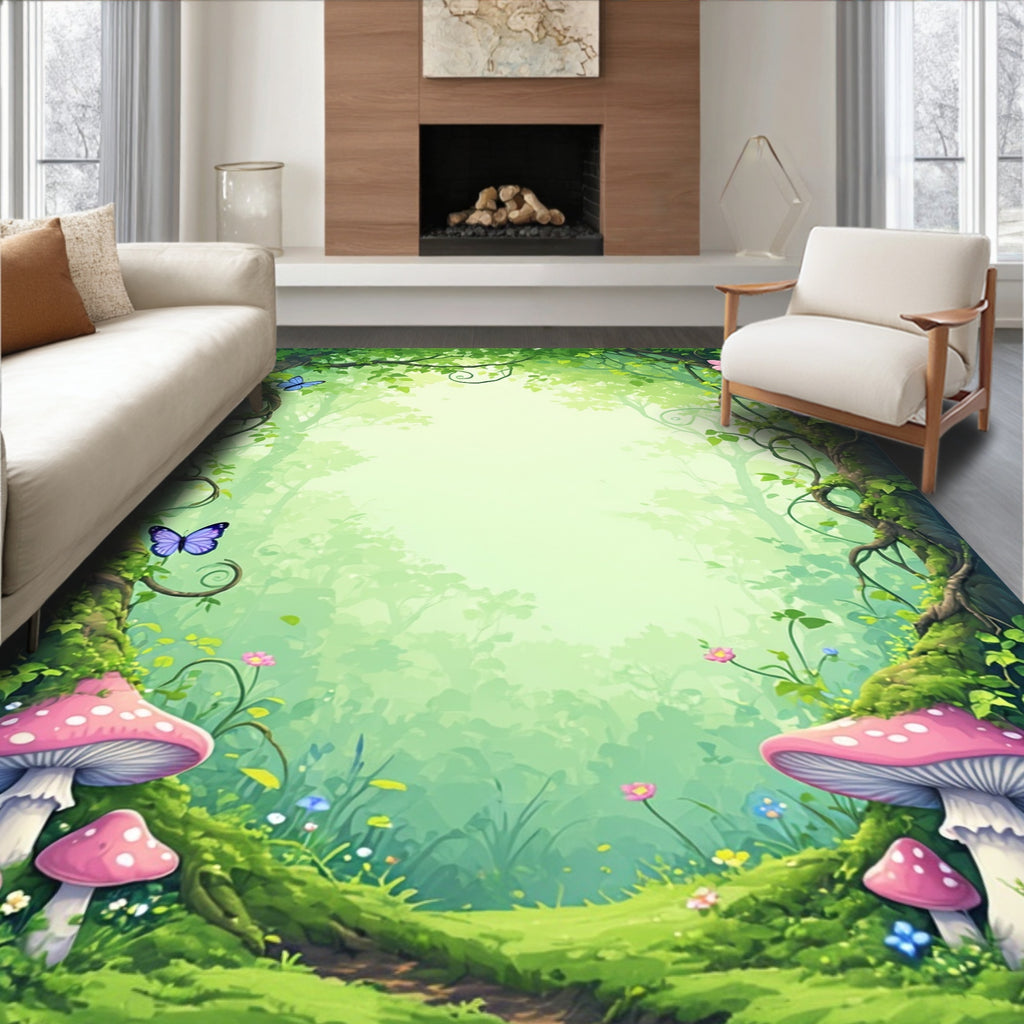 Enchanted Forest Path Mushroom Butterfly Rug