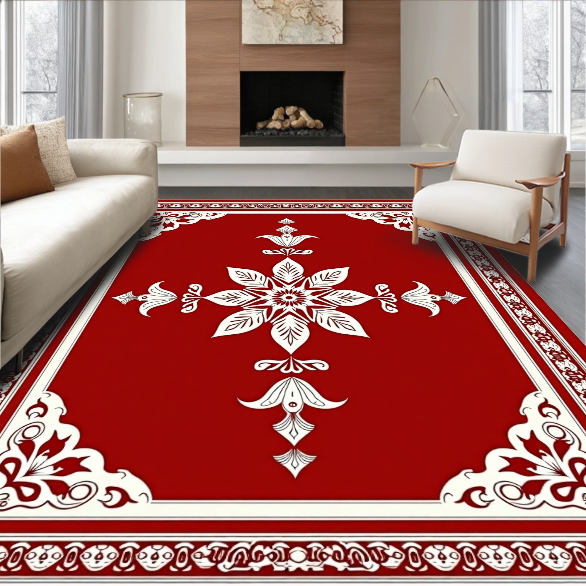 Rich Red Ivory Floral Symmetry Rug