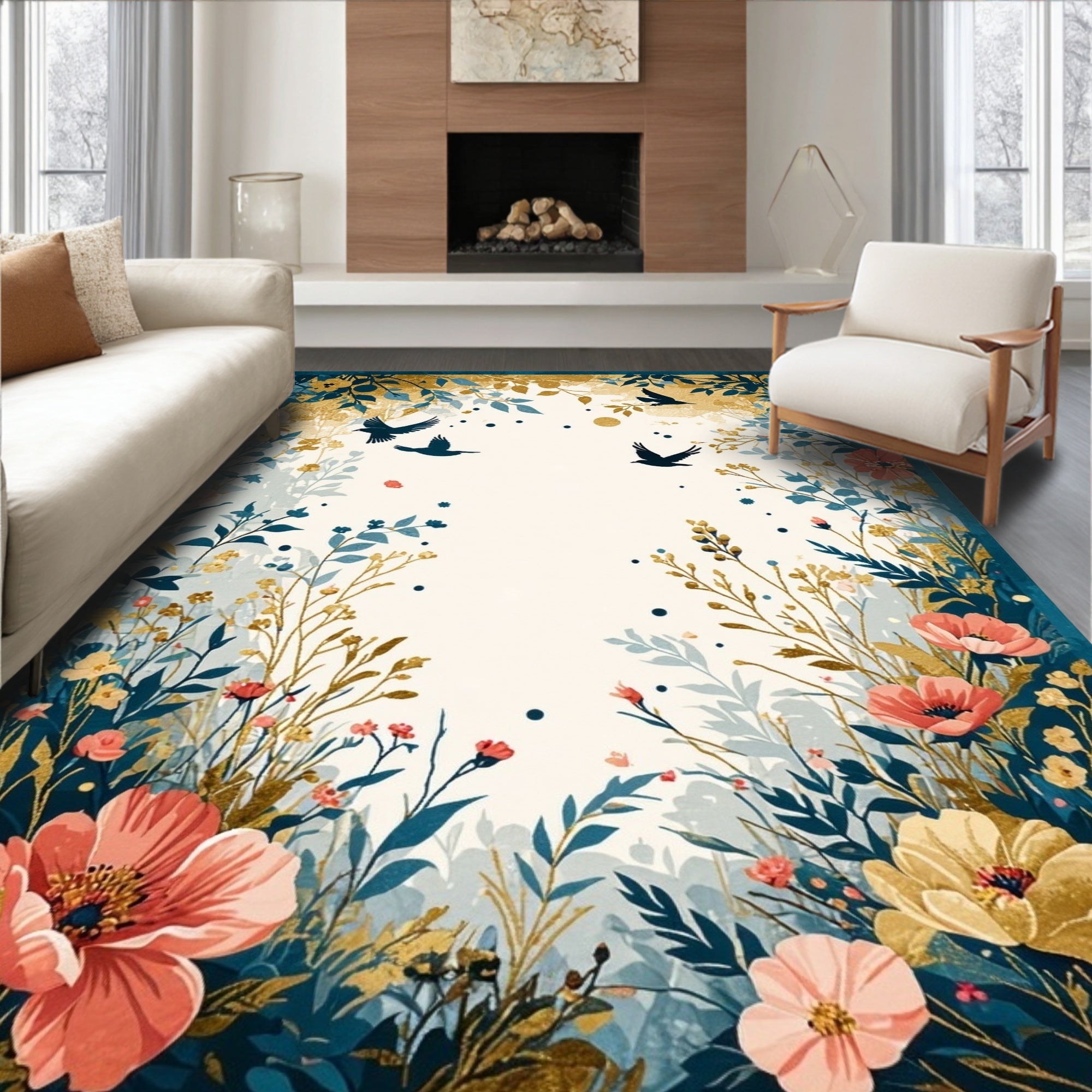 Nature Inspired Floral Bird Accents Rug