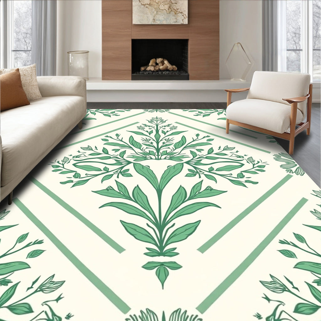 Green Botanical Diamond Pattern Rug