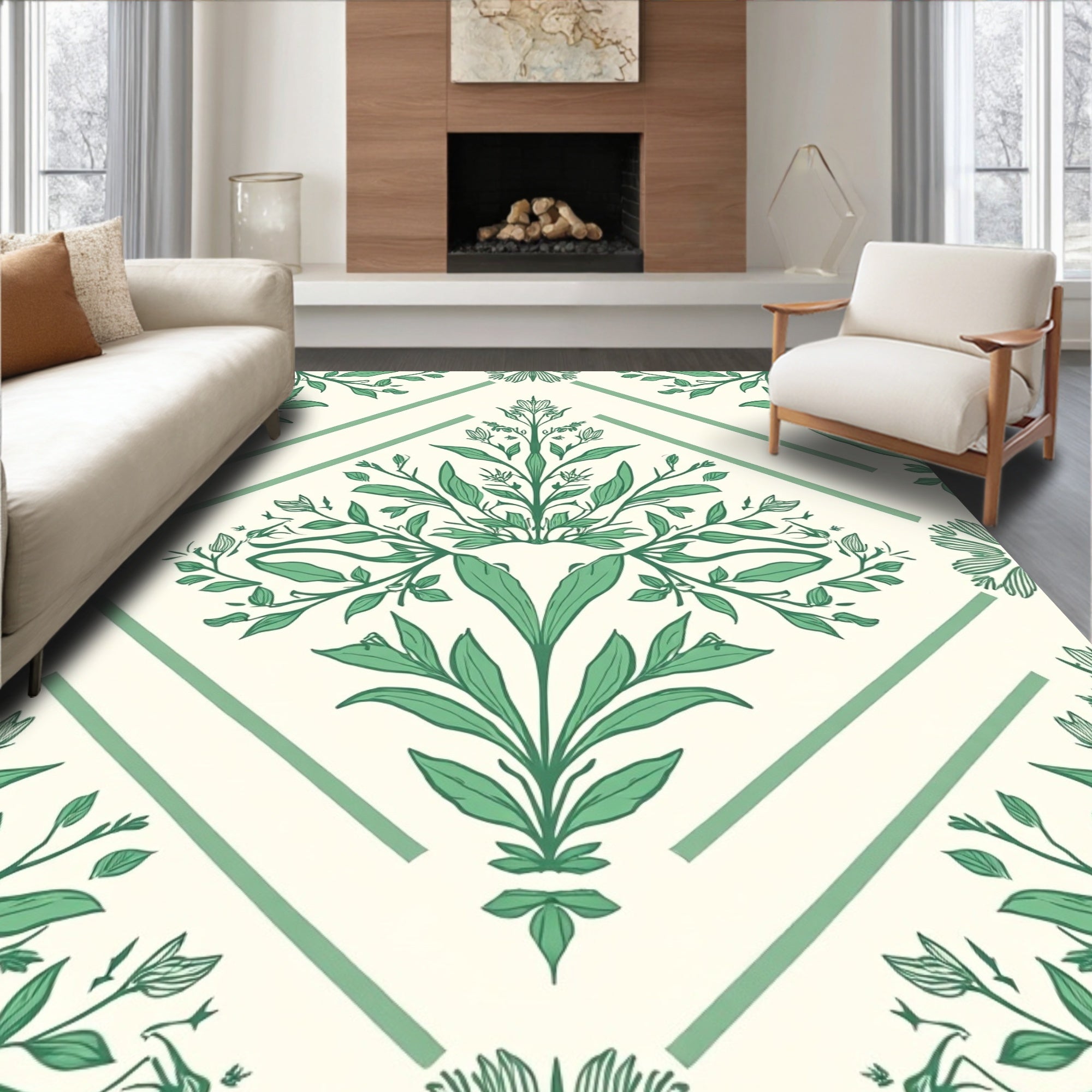 Green Botanical Diamond Pattern Rug