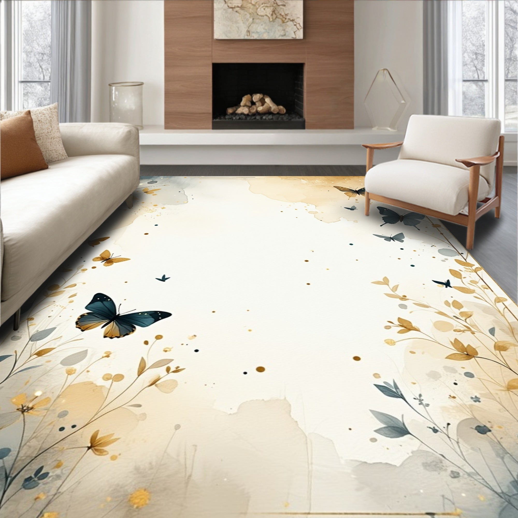 Golden Butterflies and Floral Trails Rug