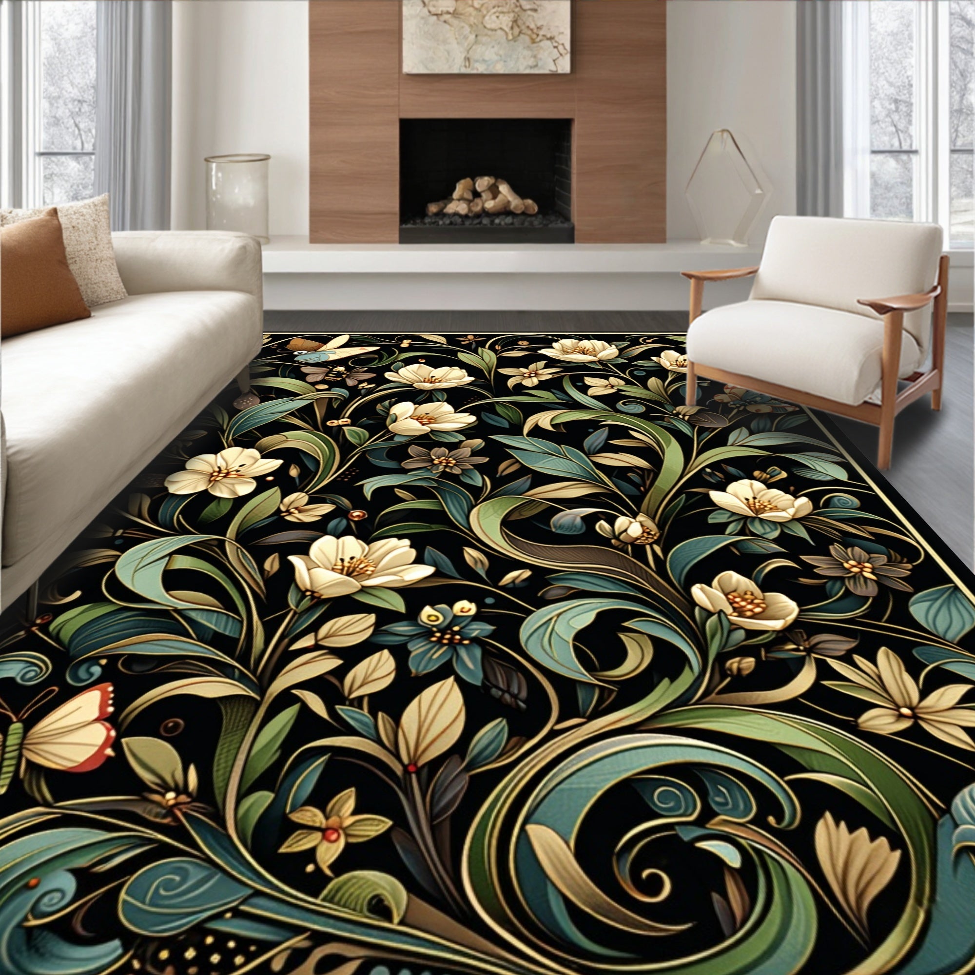 Art Nouveau Floral Butterfly Pattern Rug