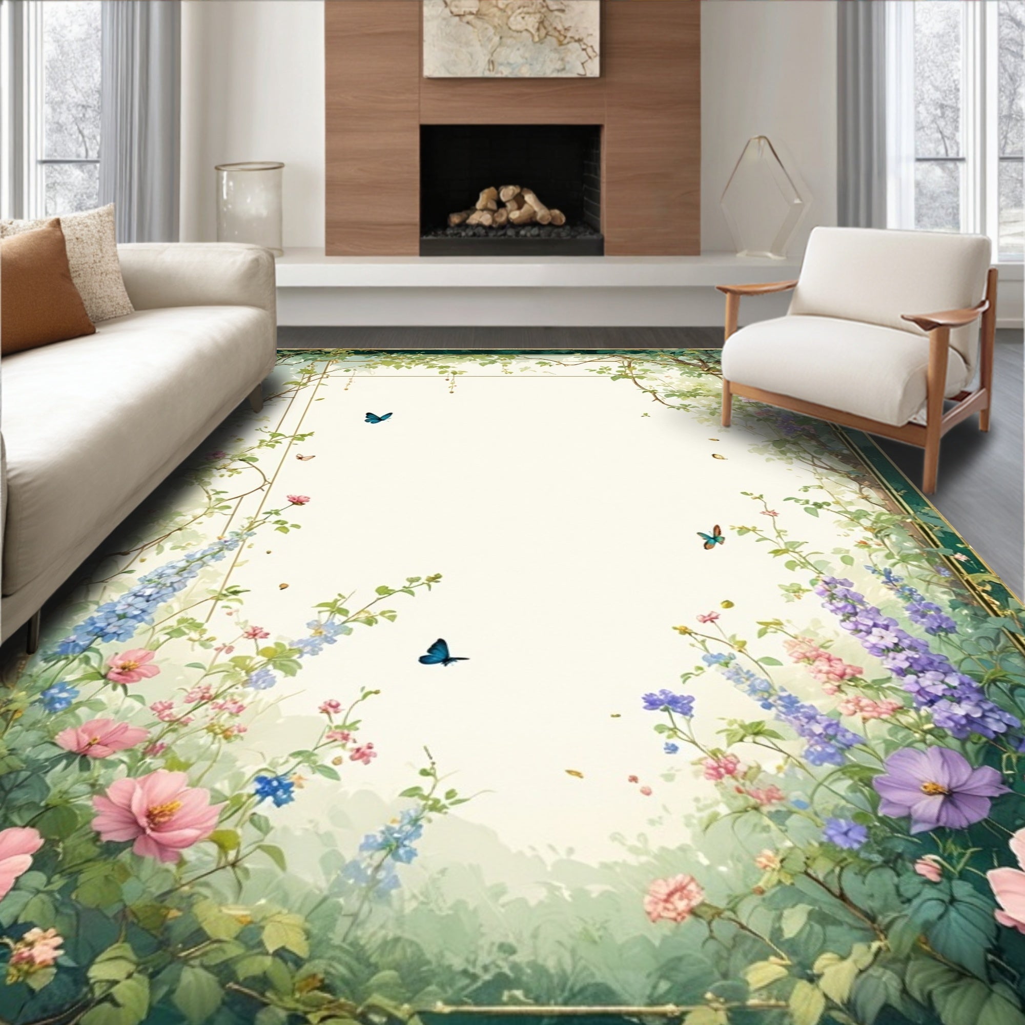 Whimsical Garden Butterflies Blossoms Rug