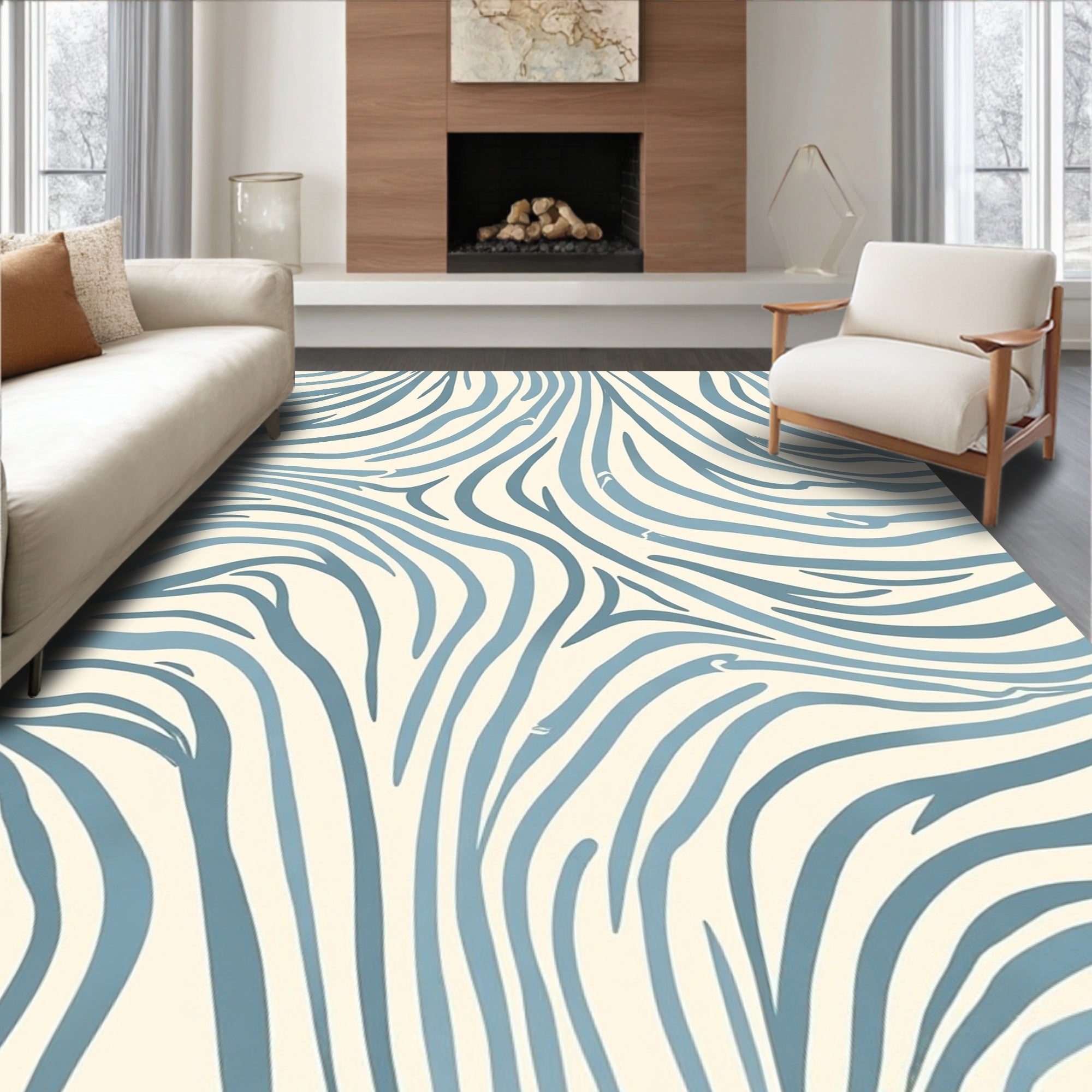 Abstract Blue Gray Zebra Stripe Pattern Rug