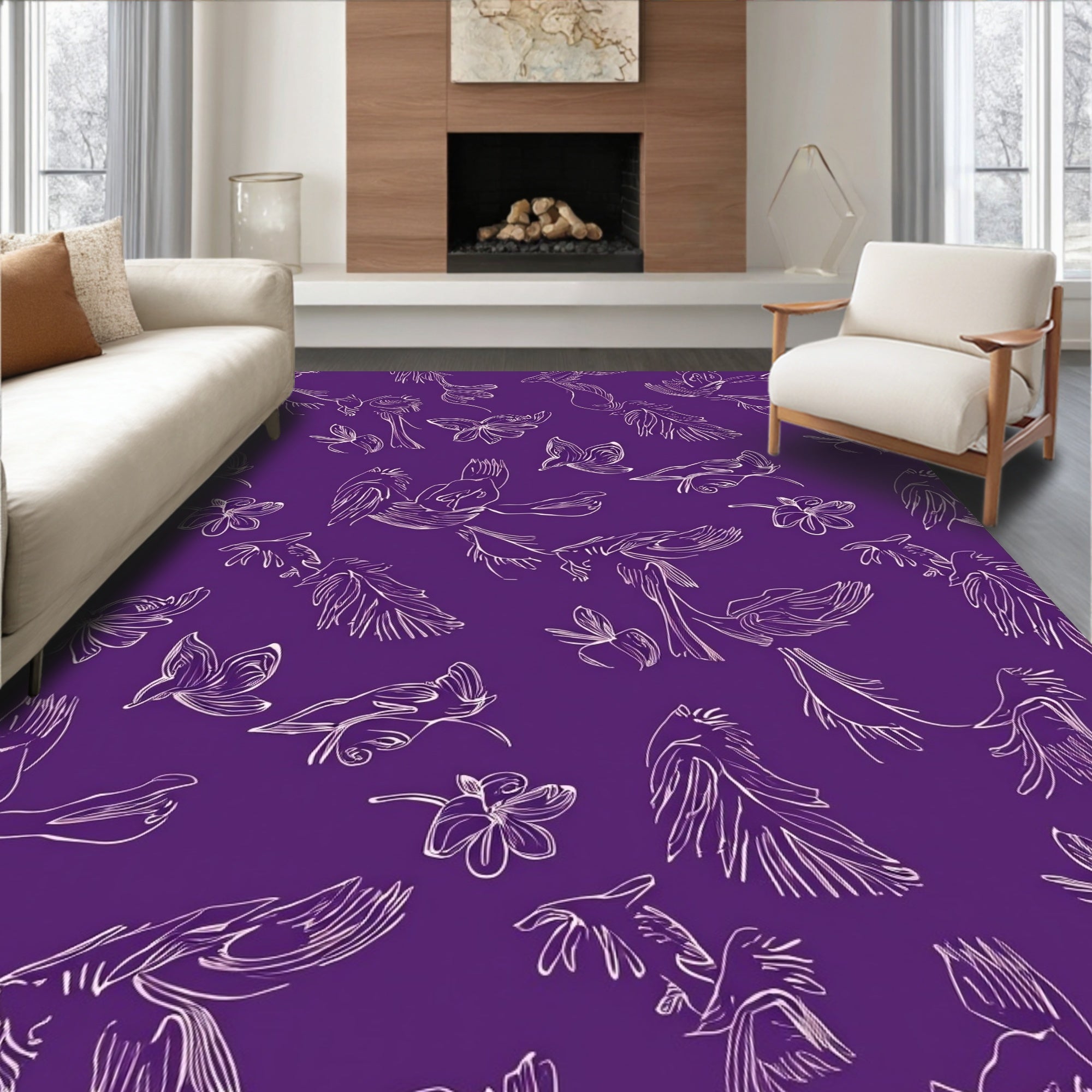 Whimsical Birds And Flowers Drawing Rug