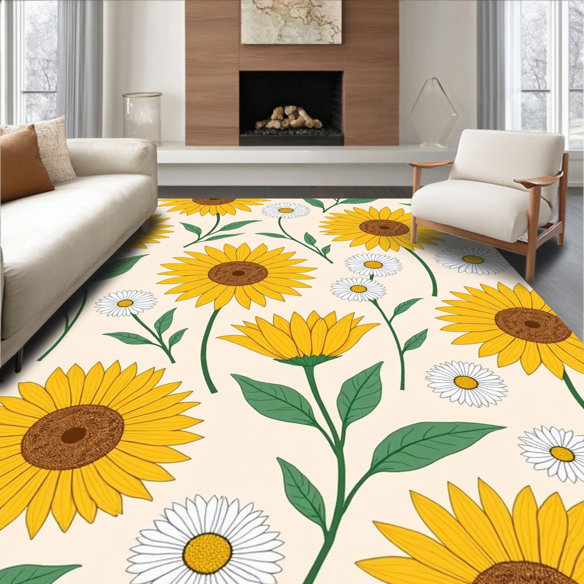 Yellow Sunflower Daisy Botanical Pattern Rug