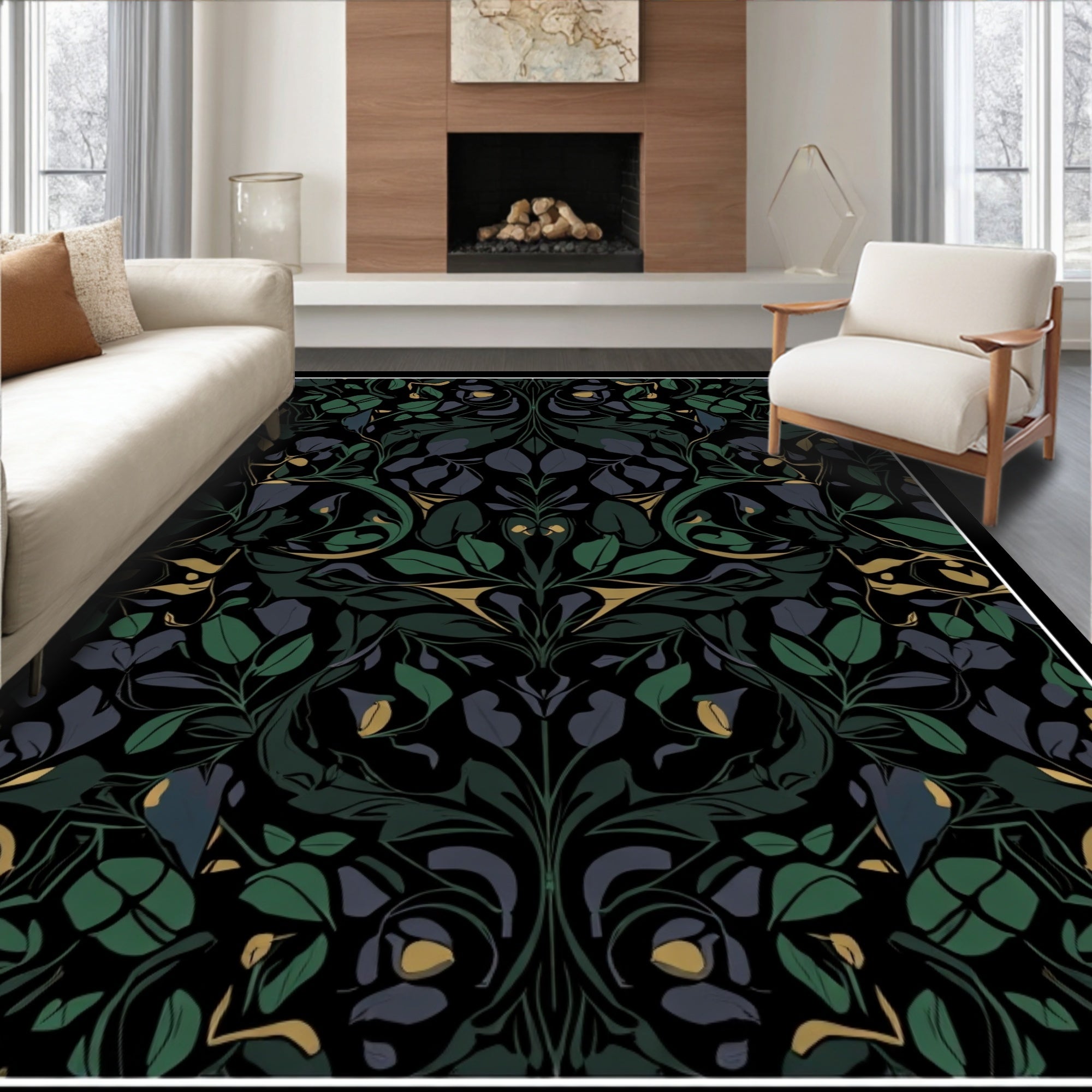 Dark Floral Vines Symmetry Design Rug