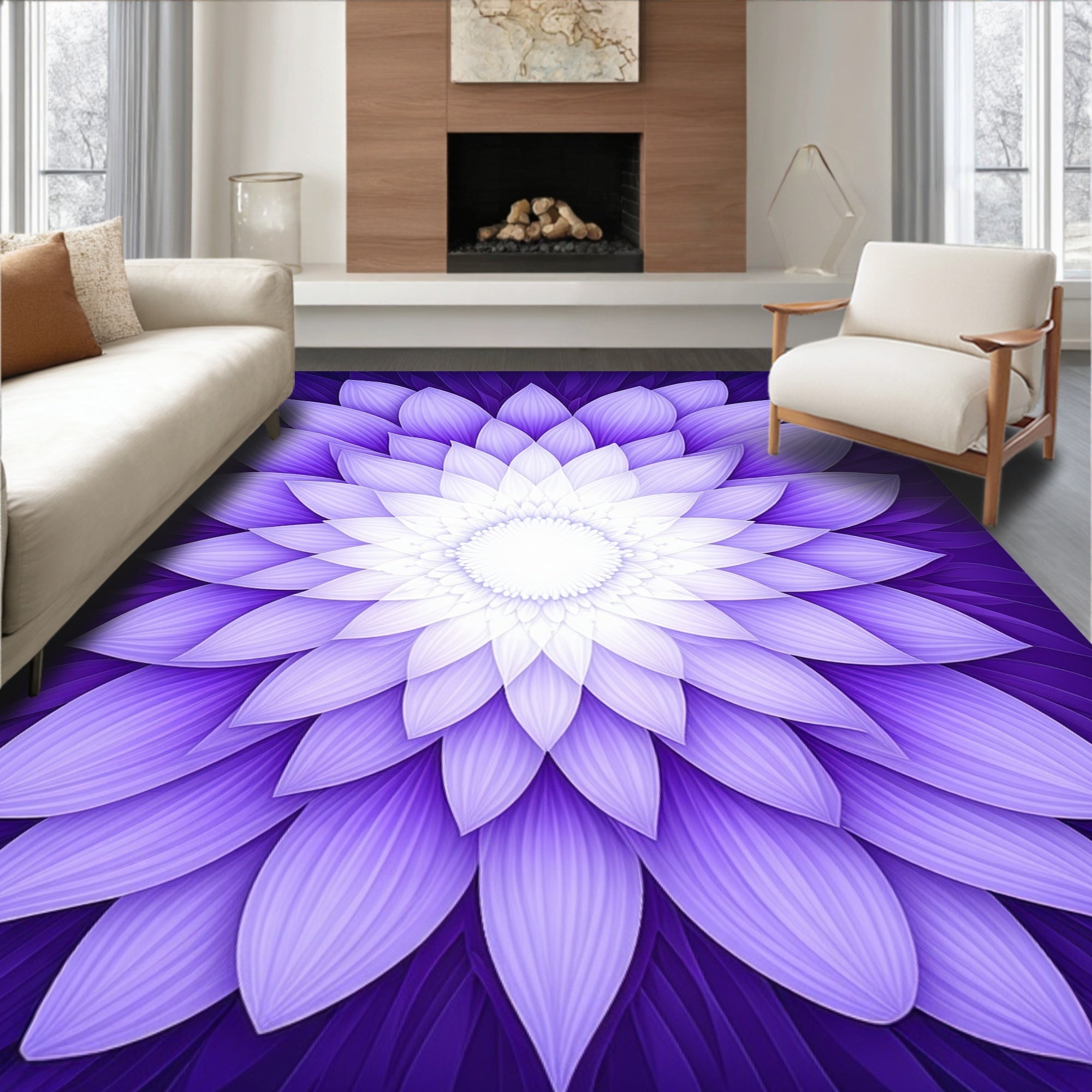 Purple Floral Petal Layered Design Rug
