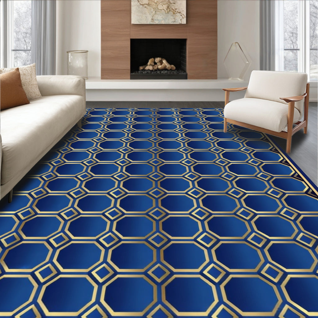 Blue Gold Geometric Octagon Pattern Rug