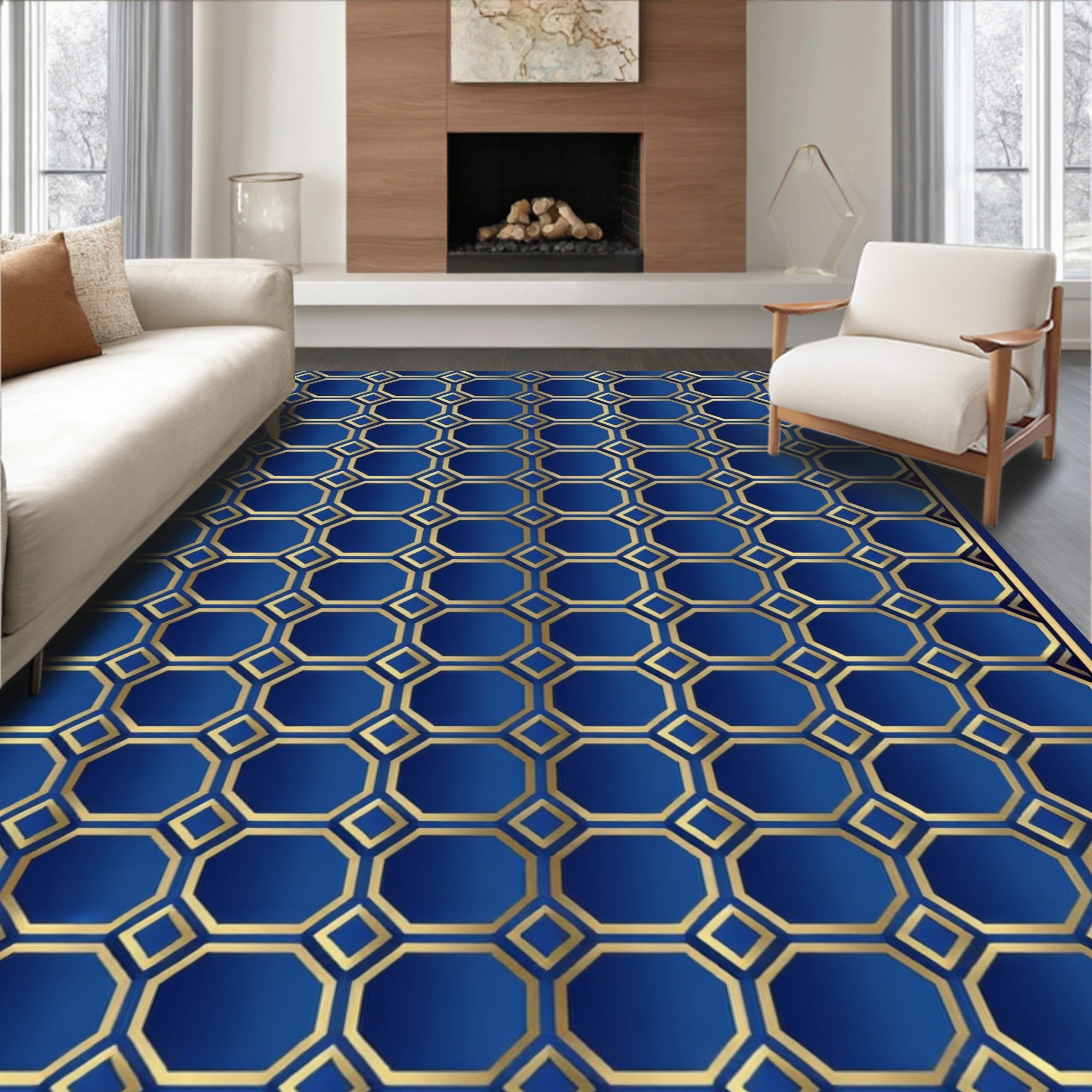 Blue Gold Geometric Octagon Pattern Rug
