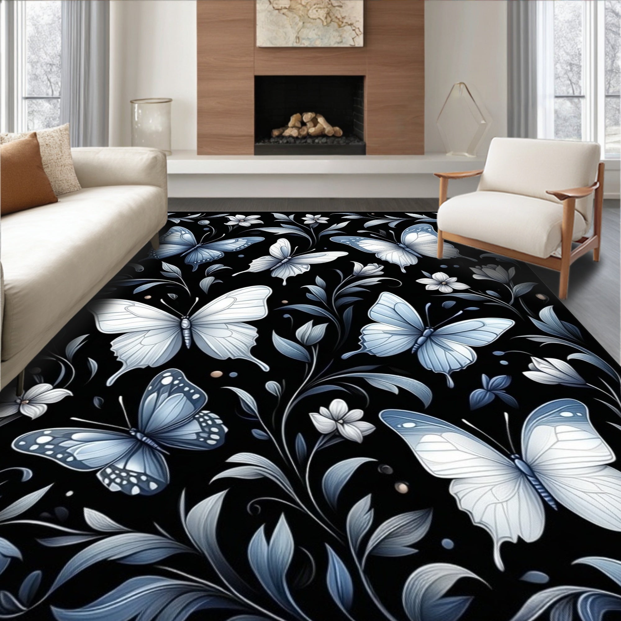 Elegant Blue Butterfly Floral Pattern Rug
