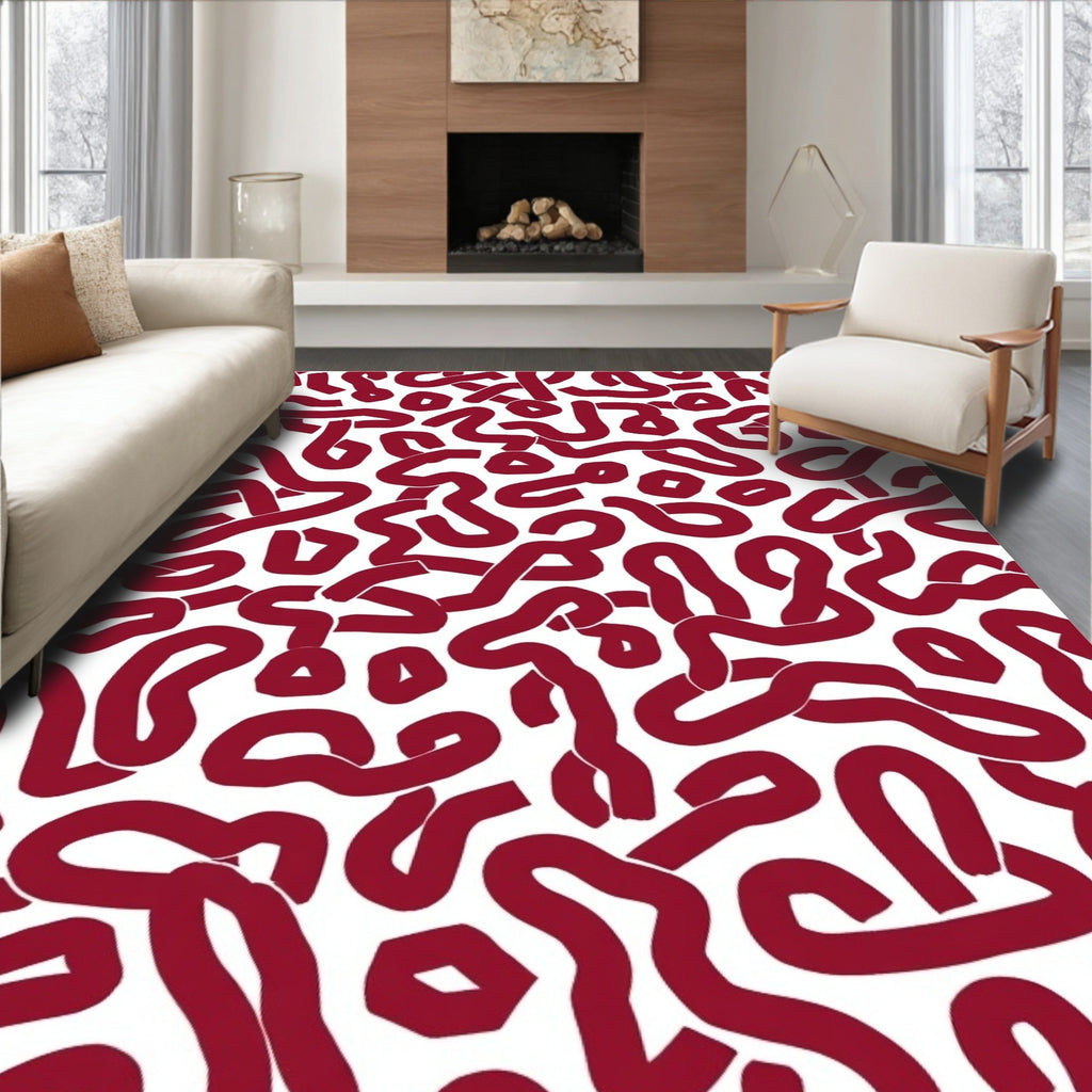 Crimson Wavy Interlocking Pattern Rug