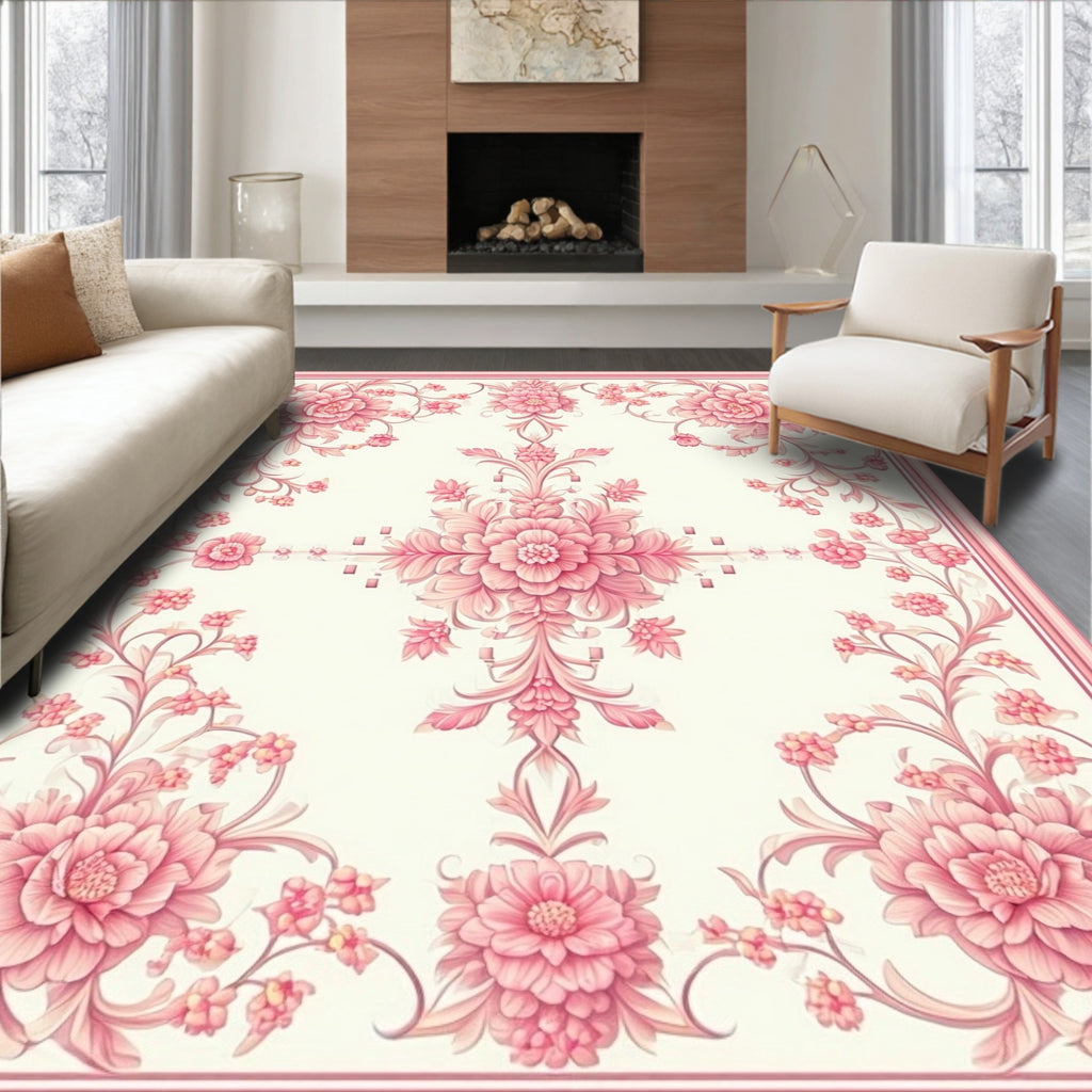 Classic Floral Patterned Rose Pink Rug