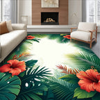 Tropical Hibiscus Green Leaf Pattern Rug