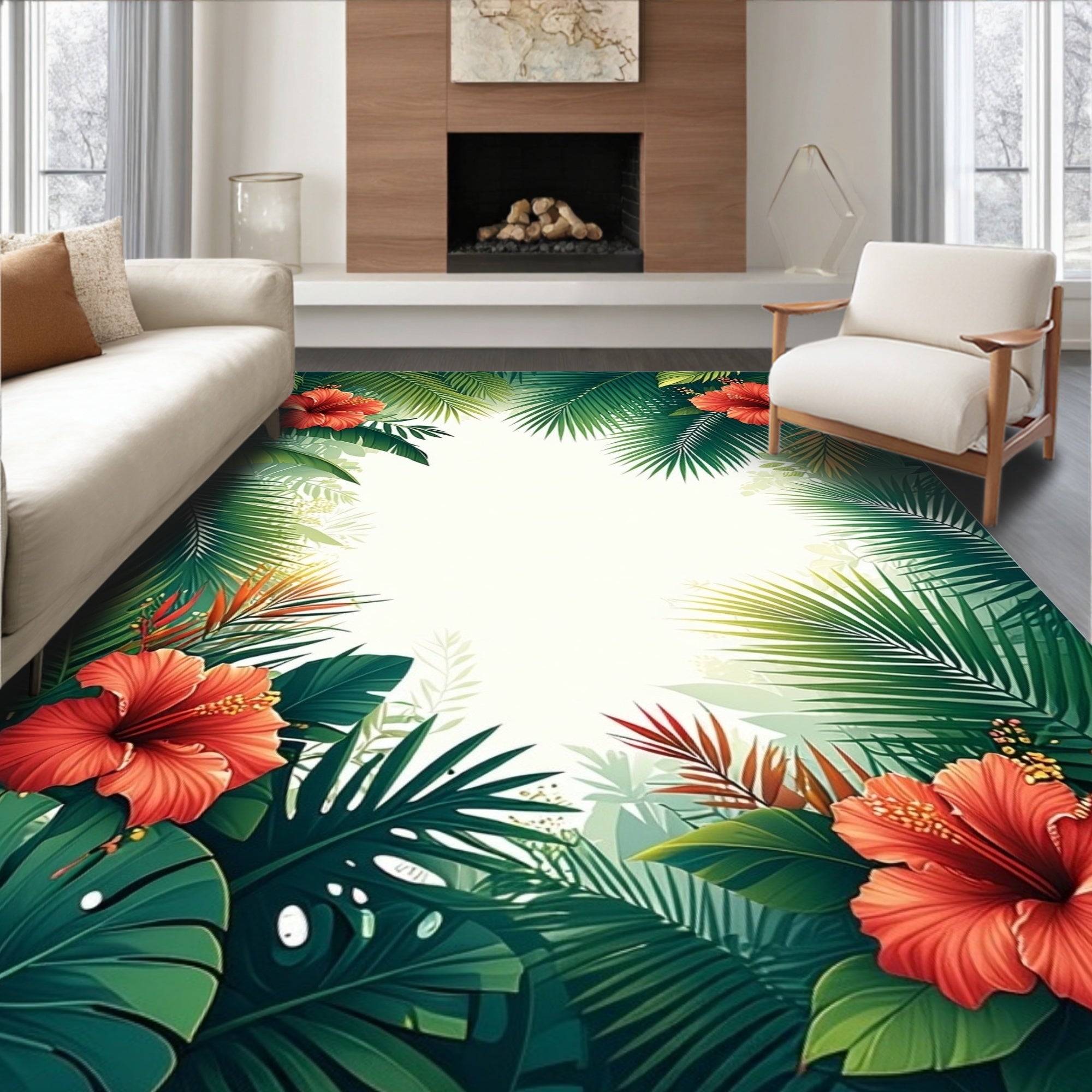 Tropical Hibiscus Green Leaf Pattern Rug