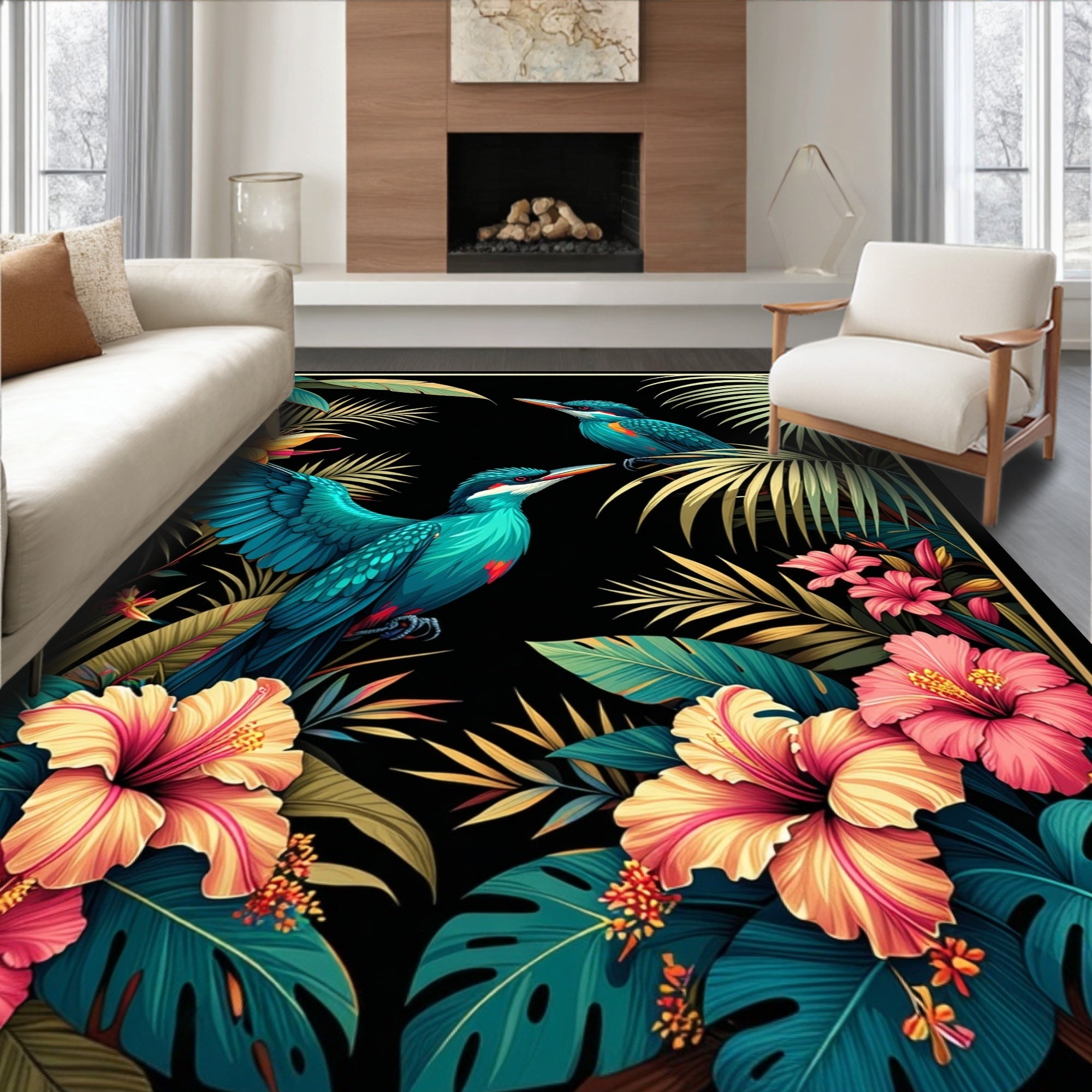 Lush Tropical Birds Hibiscus Floral Design Rug