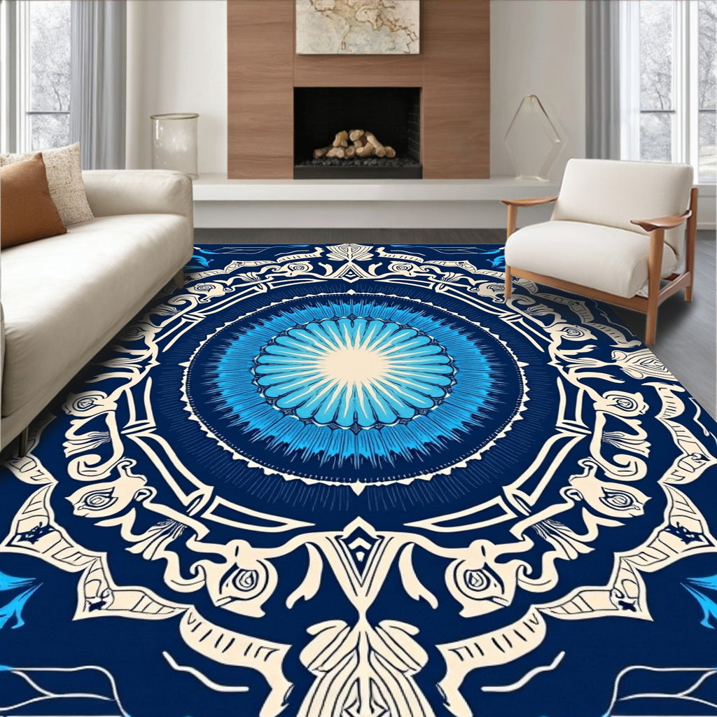 Vibrant Blue Circular Floral Art Rug