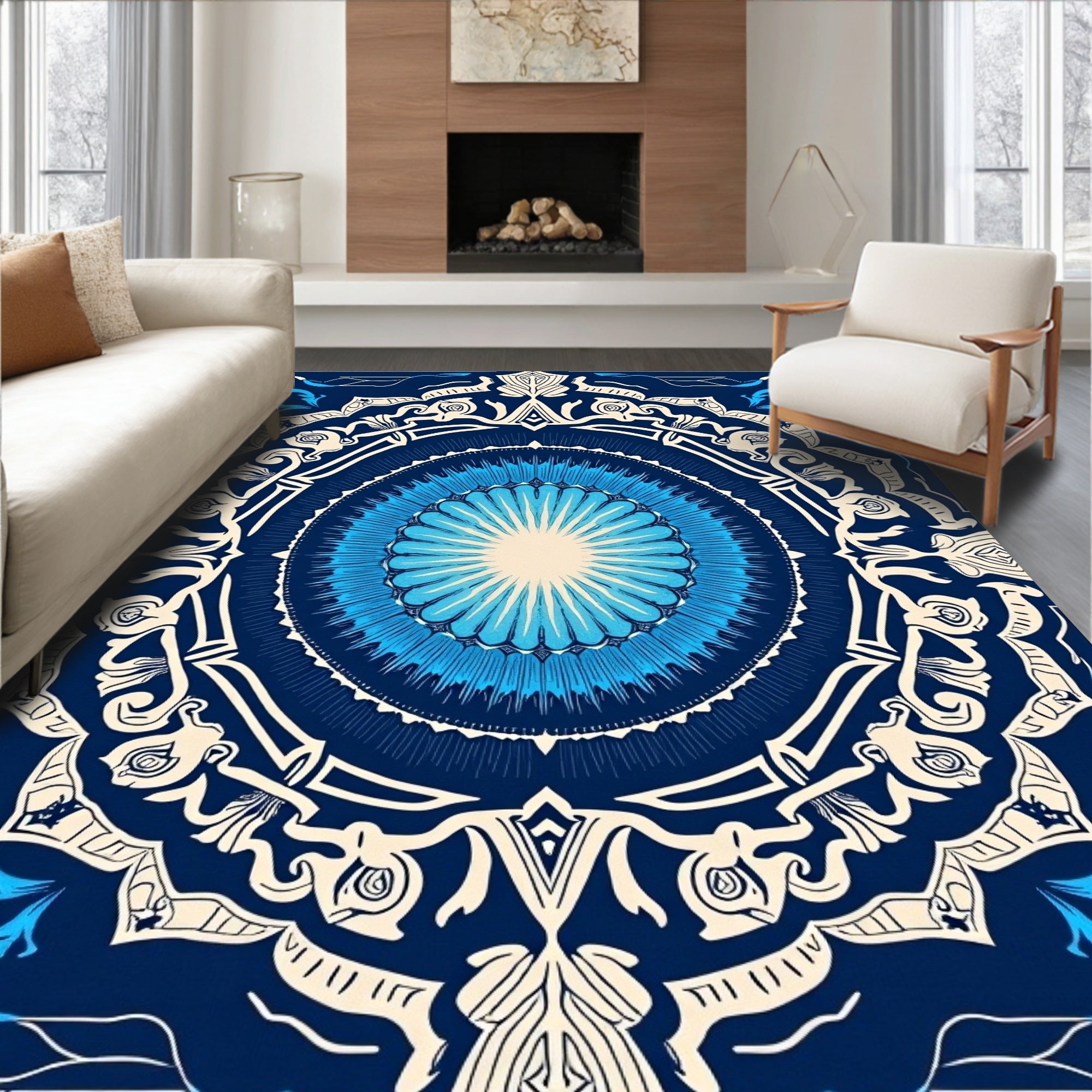 Vibrant Blue Circular Floral Art Rug