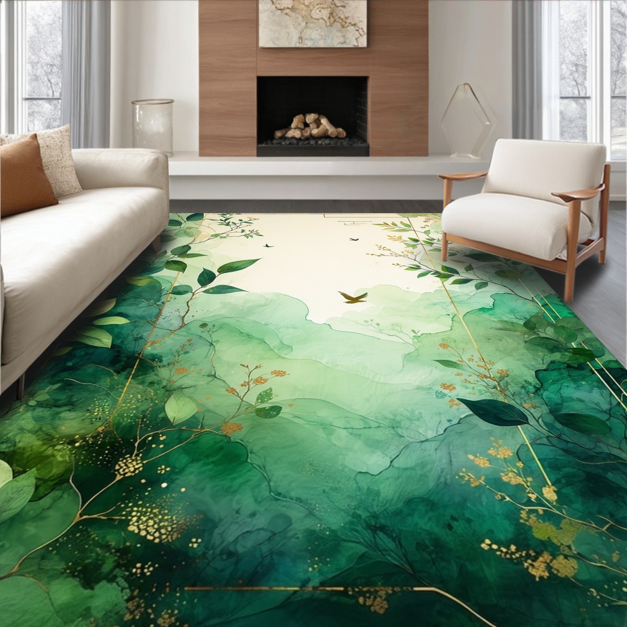Elegant Green Foliage Pattern Rug