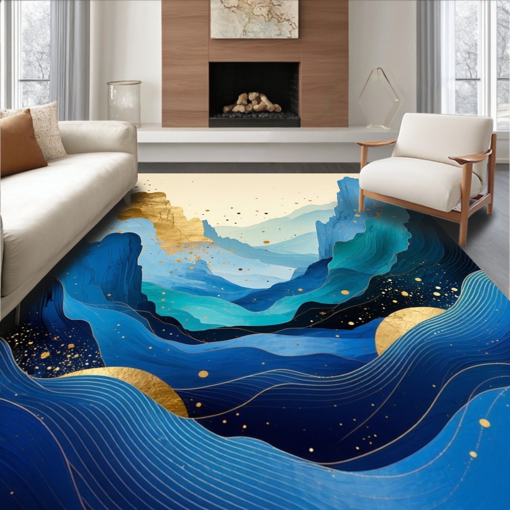 Blue And Gold Mountain Landscape Design Rug