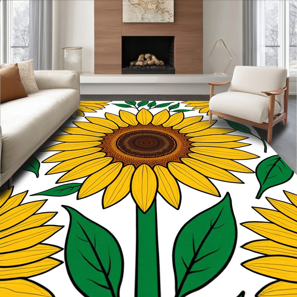 Sunny Yellow Flowers Green Leaves Pattern Rug